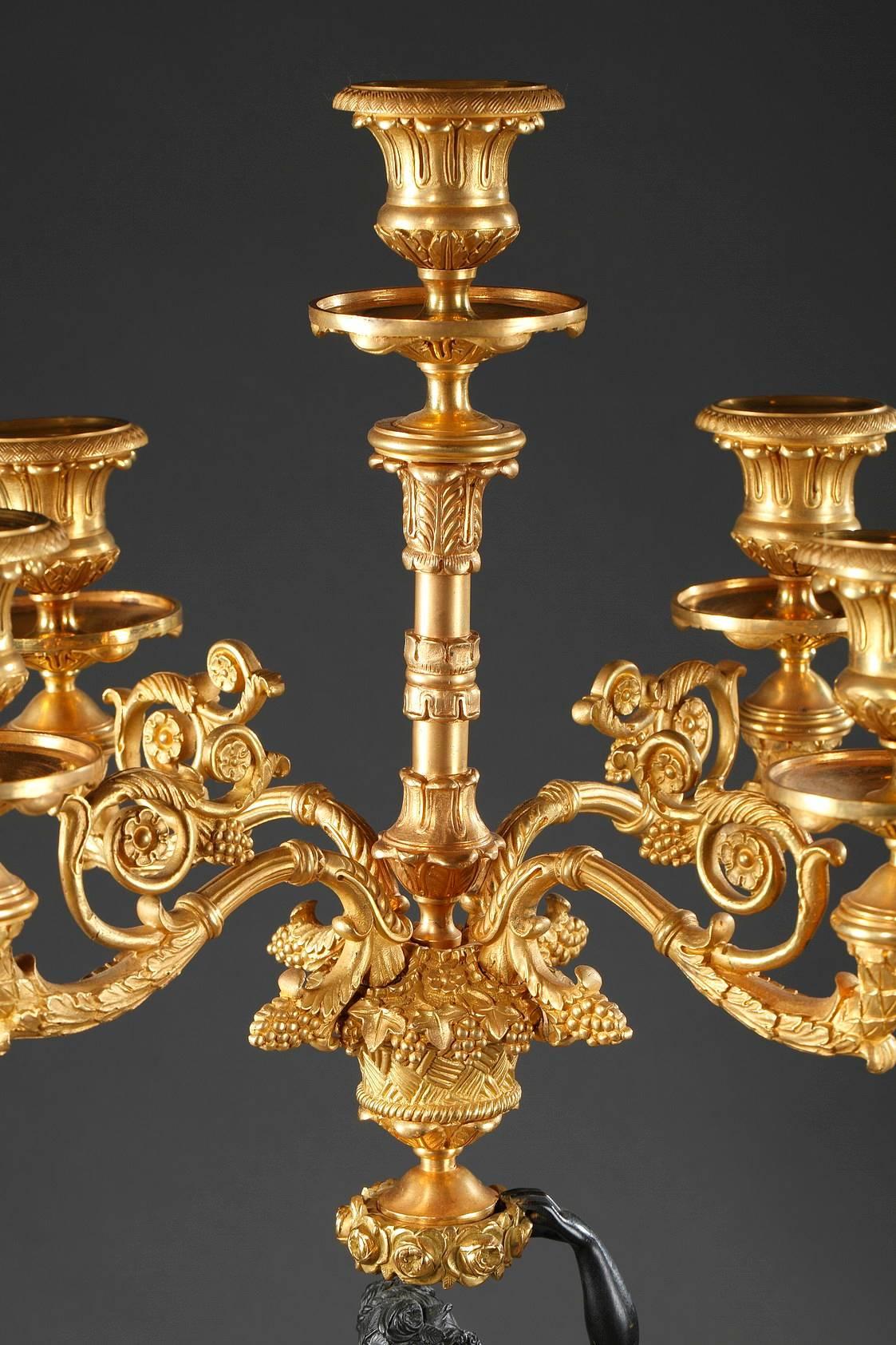 Gilt 19th Century Pair of Charles X Candelabra in Gilded and Patinated Bronze