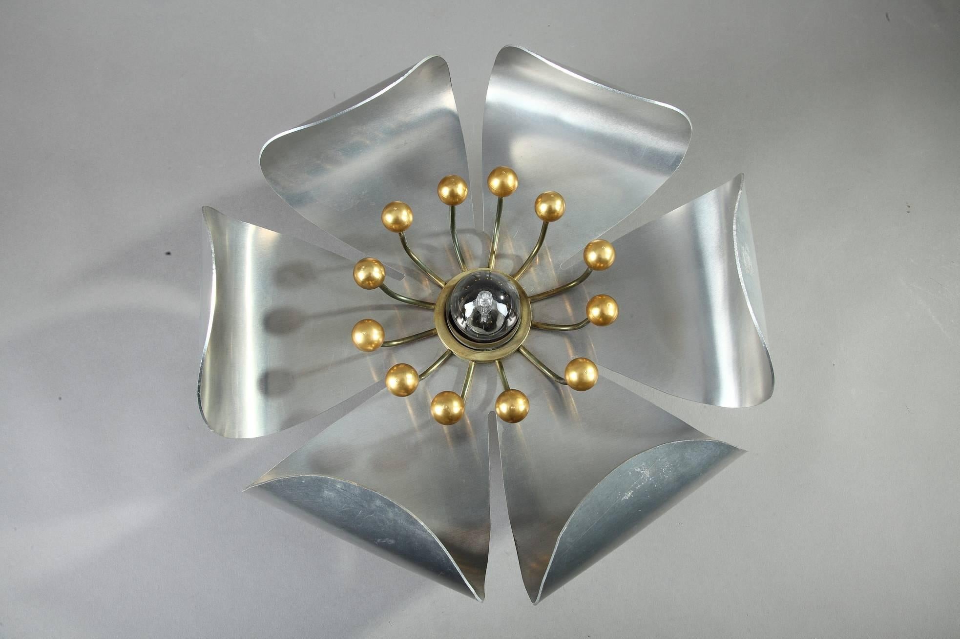 French 20th Century Chrome-Plated and Brass Pistil-Shaped Wall Light