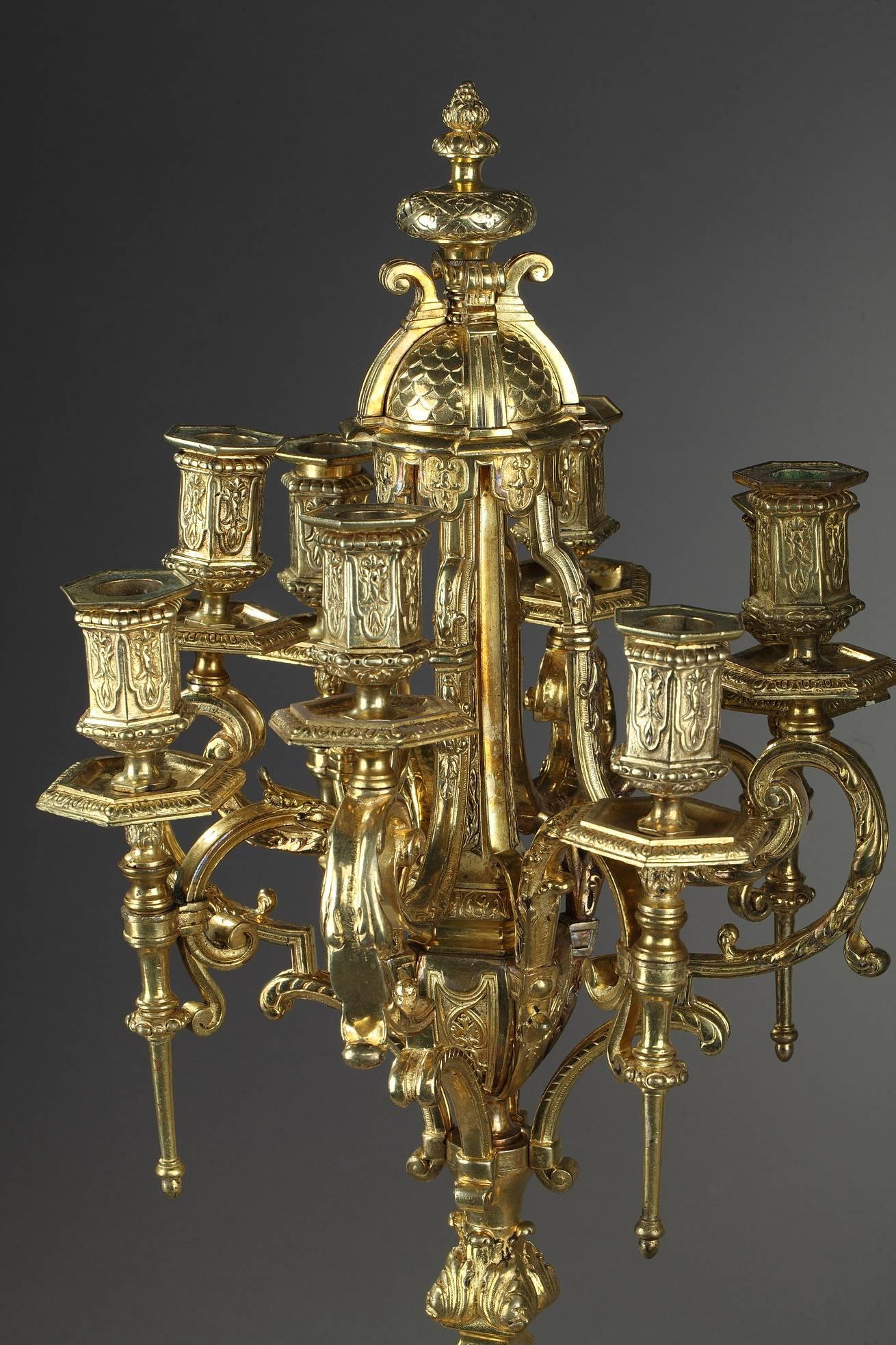 Napoleon III Gilt Bronze and Varnished Wood Clock and Pair of Candelabra 2