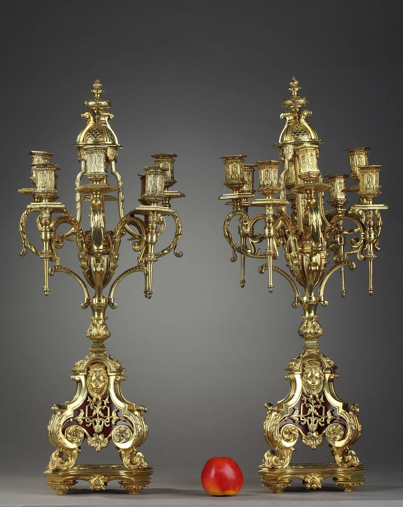 Napoleon III Gilt Bronze and Varnished Wood Clock and Pair of Candelabra 1