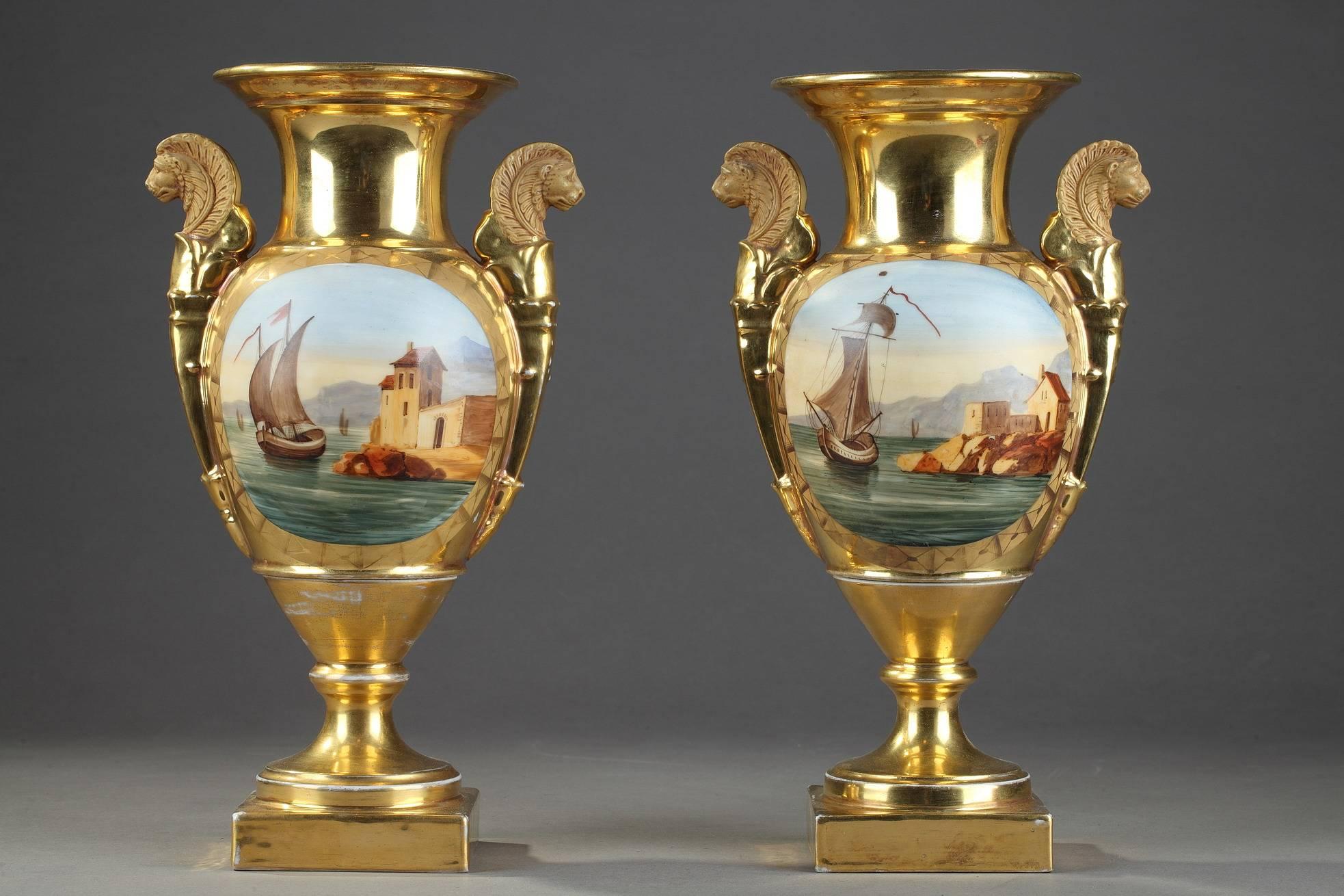 French Pair of Restauration Porcelain Vases with Cabaret Scenes and Landscapes