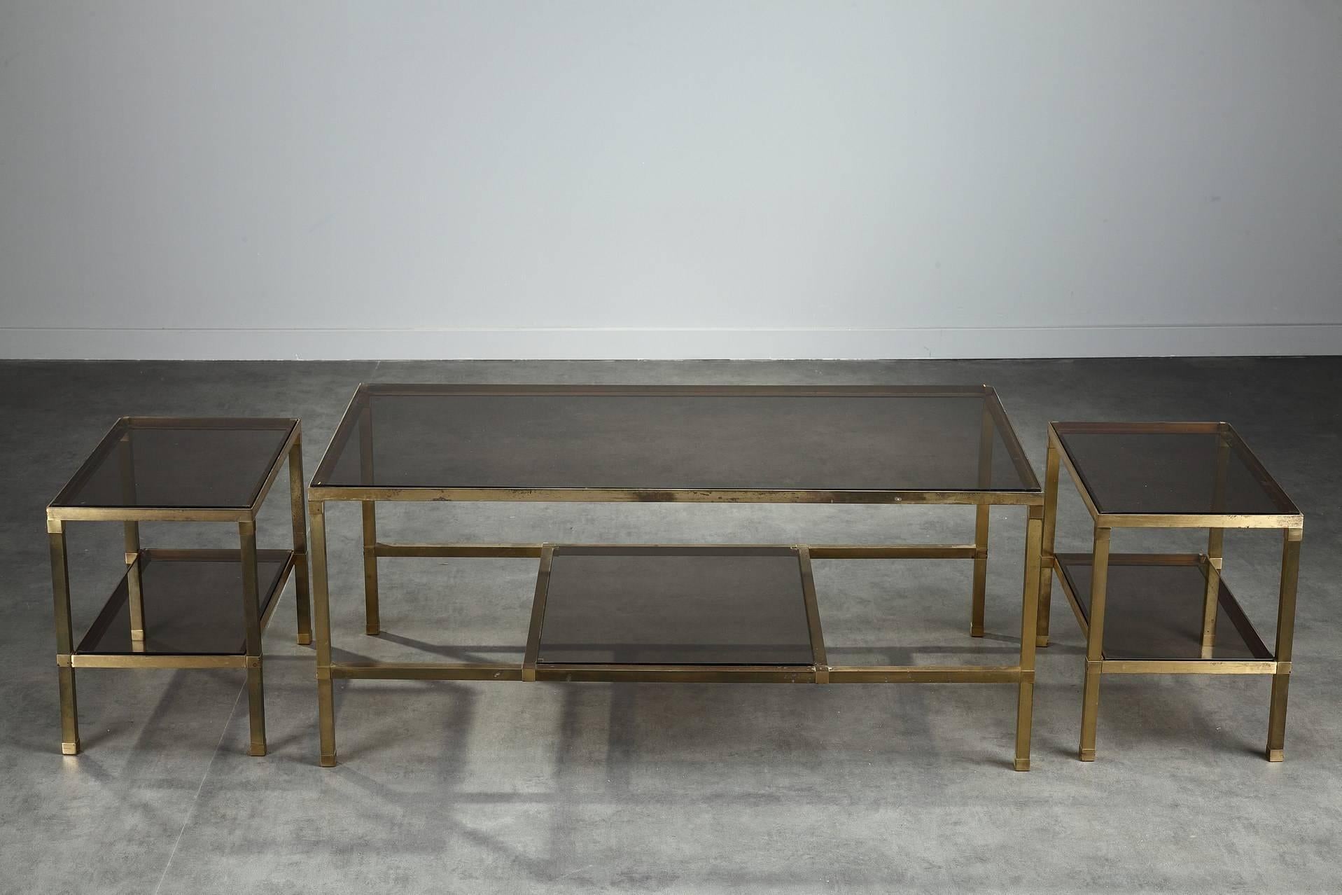 Smoked Glass 1970s Set of Three Nesting Tables Attributed to Maison Jansen