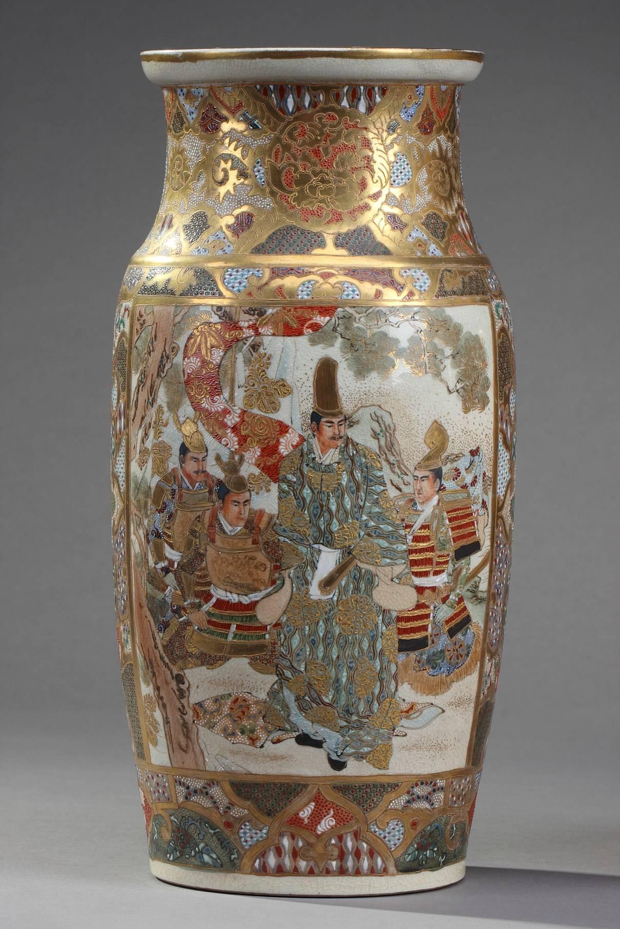 Pair of baluster-shaped vases painted in polychrome enamels and gold. The paunch is decorated with two panels depicting samurai, the reverse with Japanese courtiers, the neck and the shoulder with stylised flowers and other geometric patterns.
