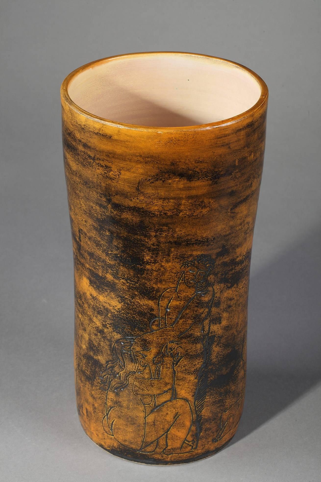 Jacques Blin Ochre Glazed Ceramic Vase with Erotic Decoration 1