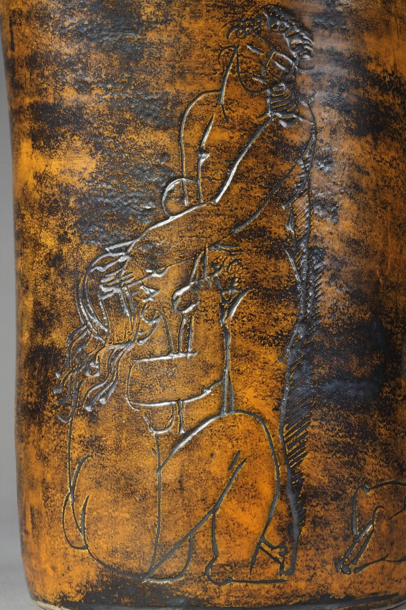 Mid-20th Century Jacques Blin Ochre Glazed Ceramic Vase with Erotic Decoration