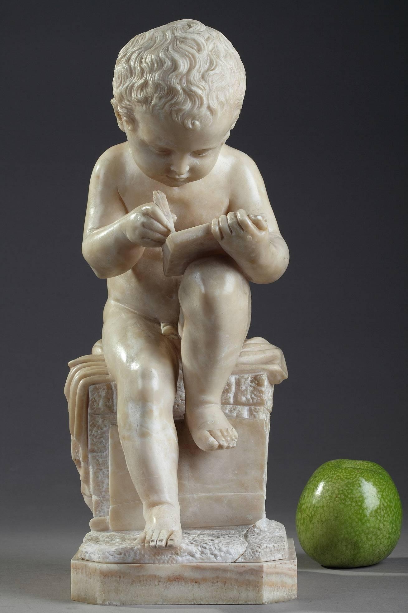 Sculpture figurative en albâtre représentant un jeune garçon assis sur un mur de briques:: un pied sur un livre. Il est penché sur sa tablette à dessin où est gravé le nom de CANOVA. Période Napoléon III. Bon état. 

Fabriqué au XIXe siècle d'après