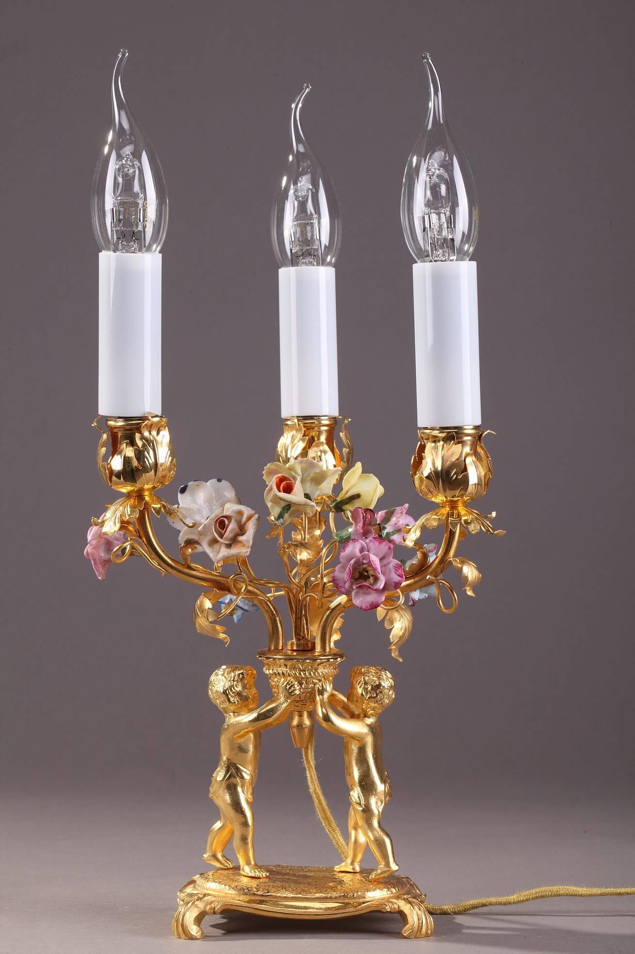 Pair of Gilt Bronze and Porcelain Candelabras in Louis XV Style In Good Condition In Paris, FR
