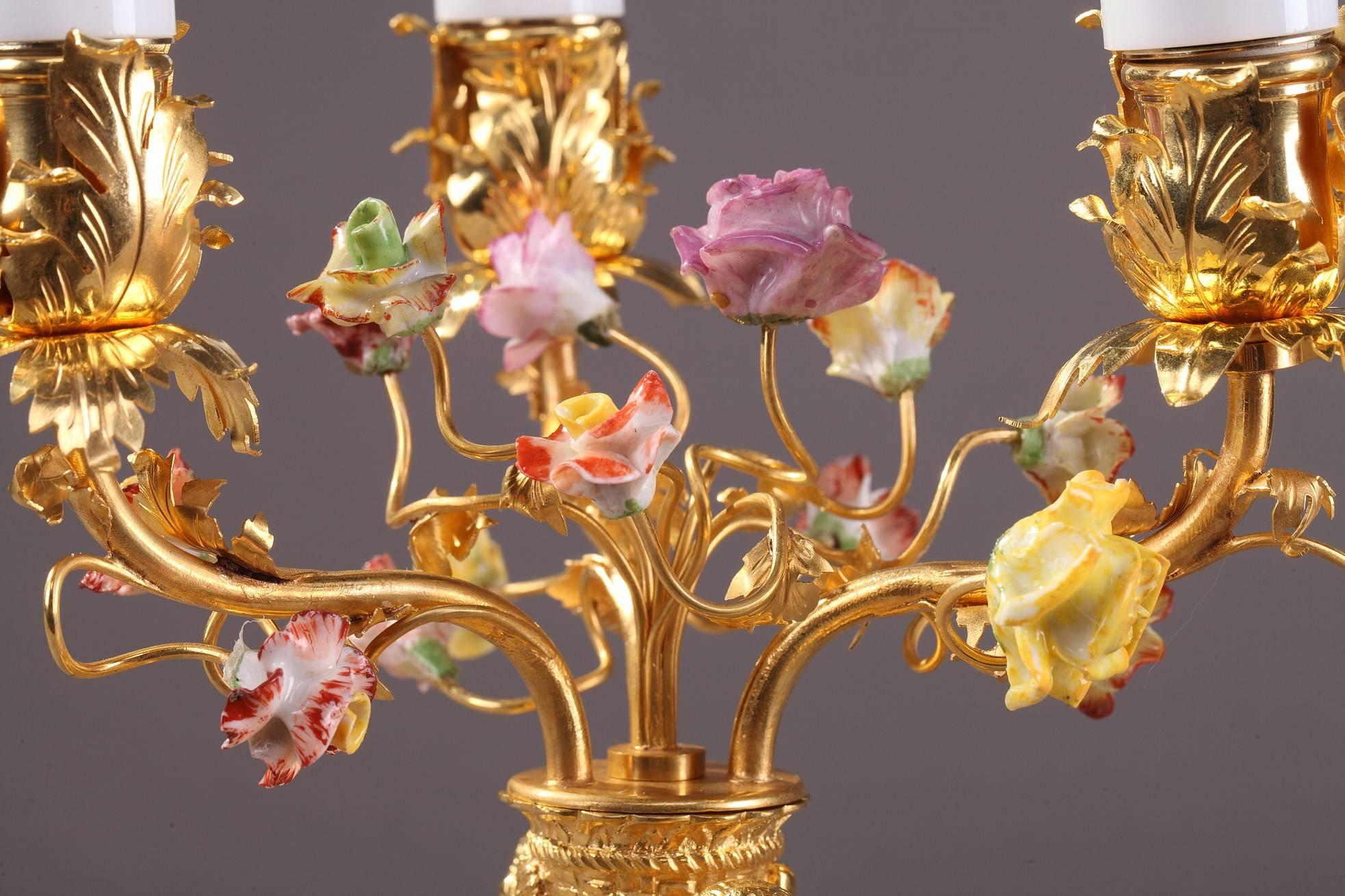 French Pair of Gilt Bronze and Porcelain Candelabras in Louis XV Style