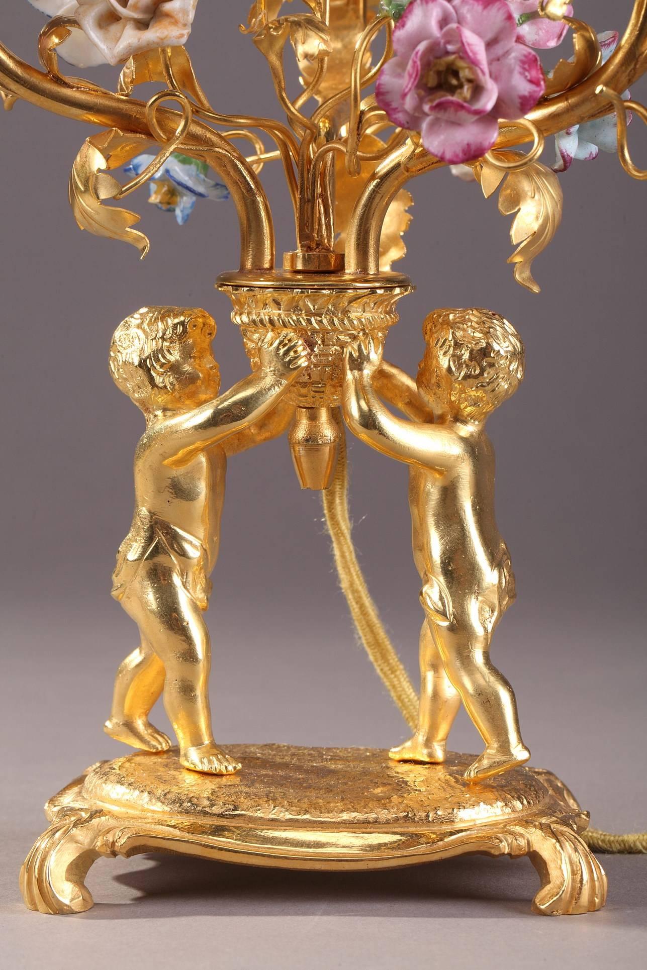 19th Century Pair of Gilt Bronze and Porcelain Candelabras in Louis XV Style