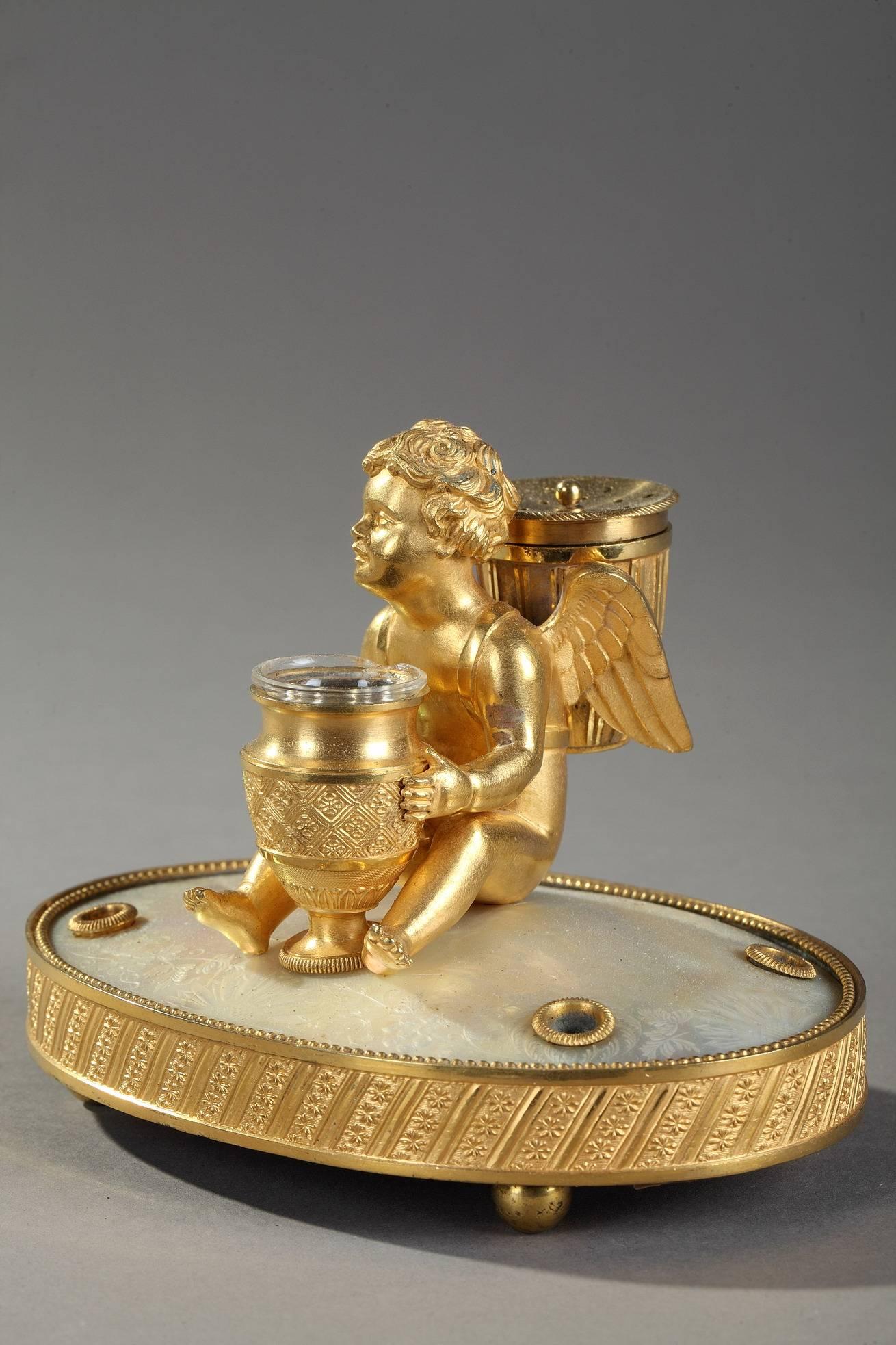 French 19th Century Charles X Ormolu and Mother-of-Pearl Inkwell With Cupid