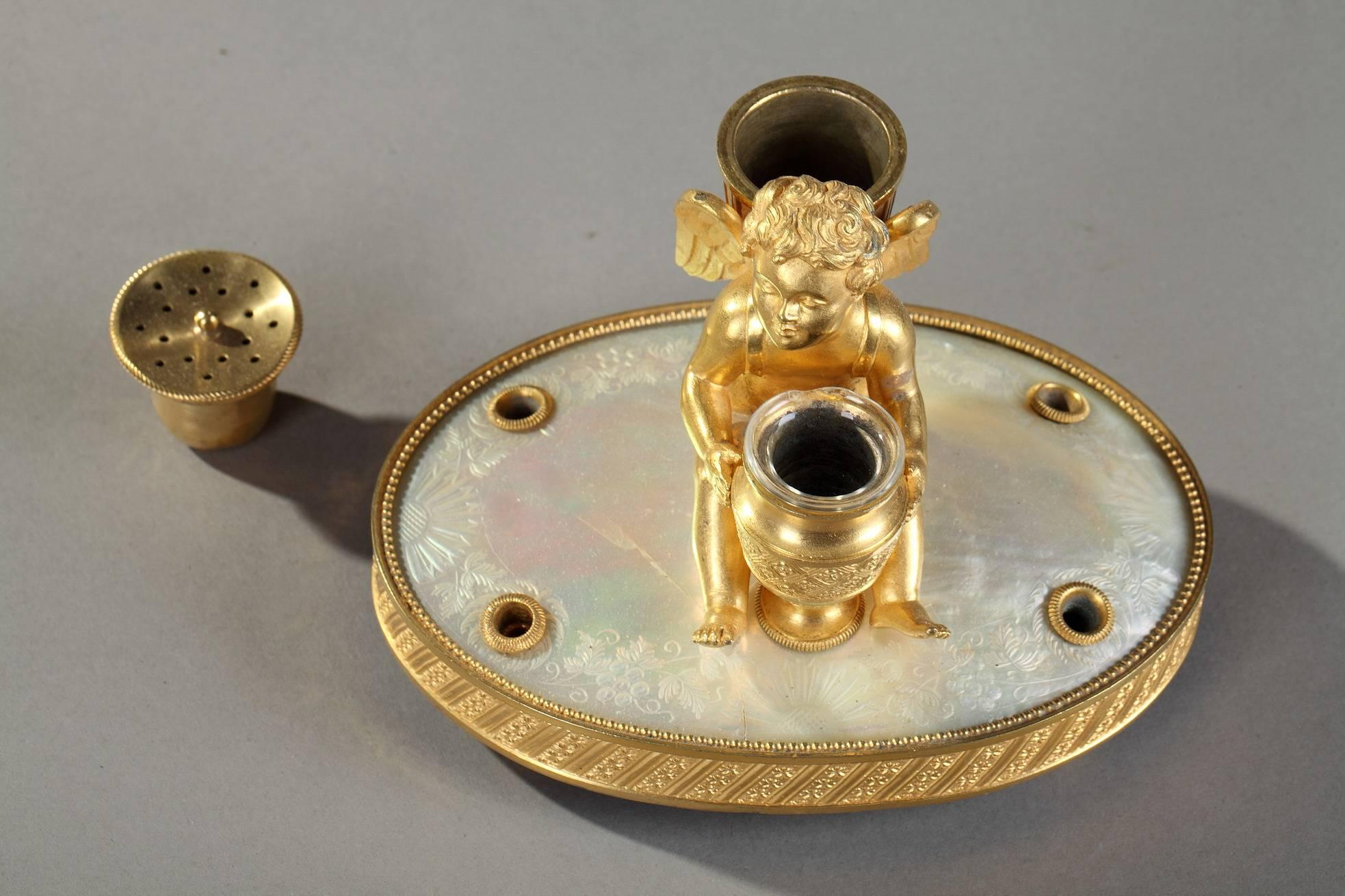 19th Century Charles X Ormolu and Mother-of-Pearl Inkwell With Cupid 2