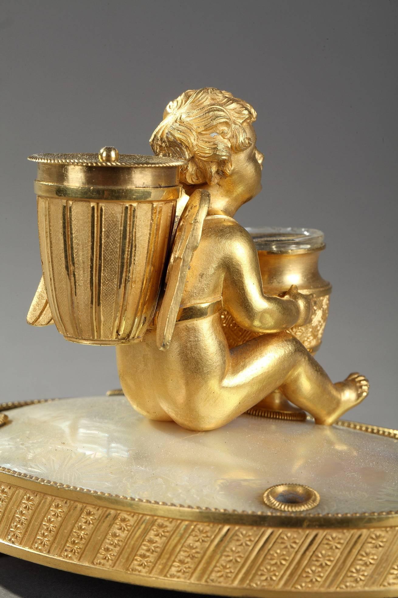 19th Century Charles X Ormolu and Mother-of-Pearl Inkwell With Cupid 1