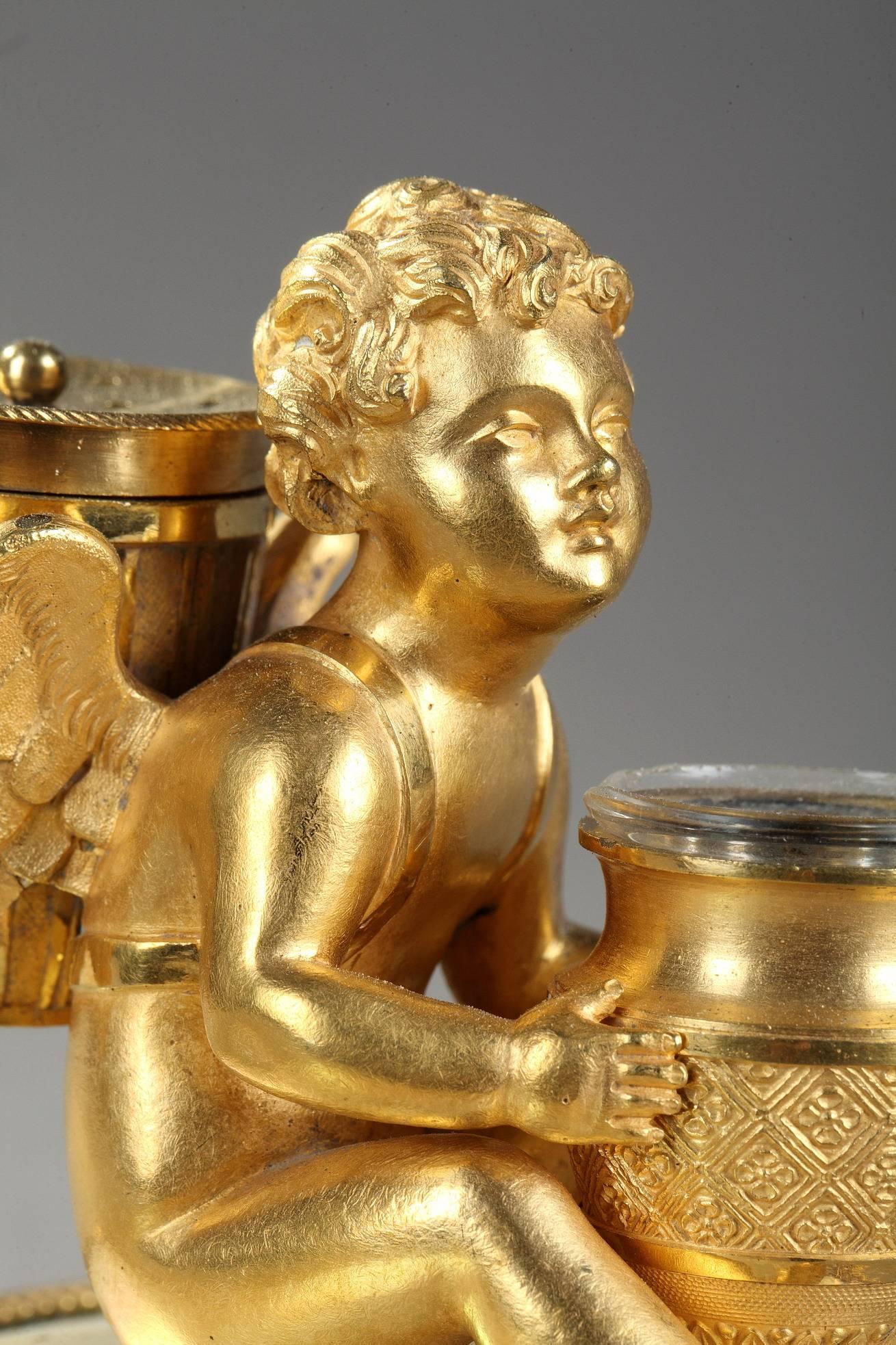 Bronze 19th Century Charles X Ormolu and Mother-of-Pearl Inkwell With Cupid