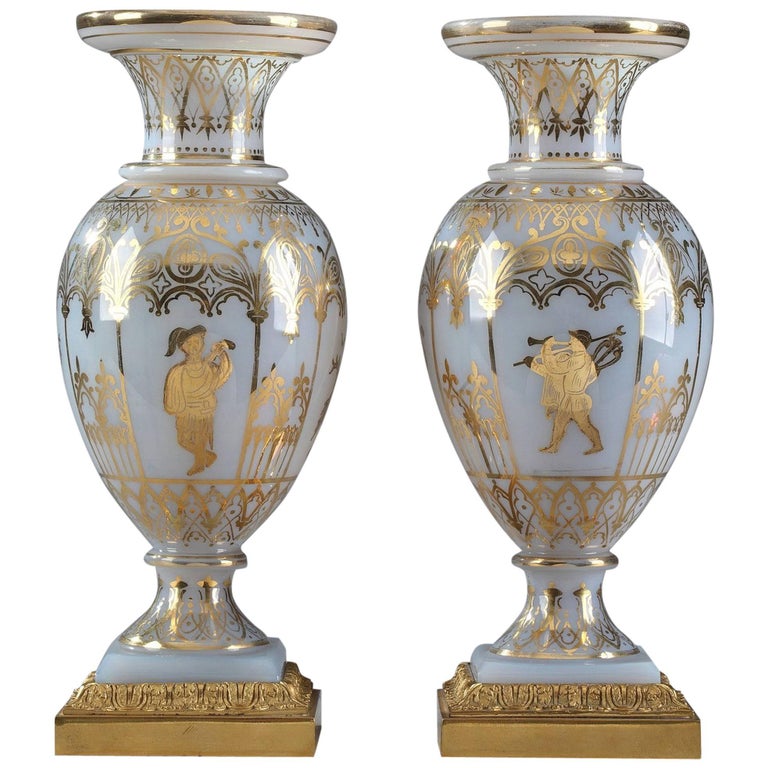 Pair of White Opaline Crystal Vases by JeanBaptiste Desvignes For Sale
