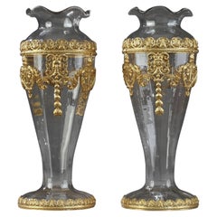 Antique Late 19th Century Pair of Crystal and Brass Vases in Baccarat Style
