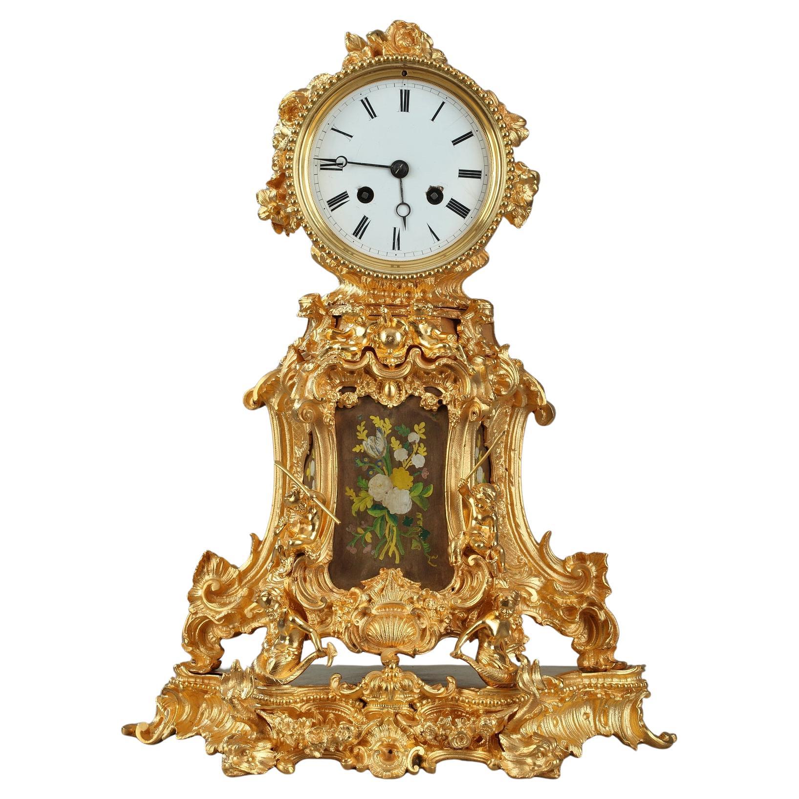 Late 19th Century Rocaille Ormolu Mantel Clock with Floral Decoration For Sale