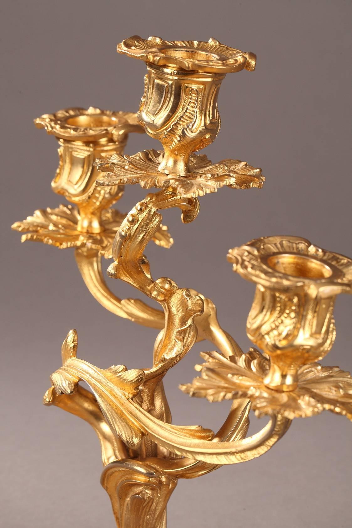 Bronze Pair of Ormolu Candelabras in Louis XV Style