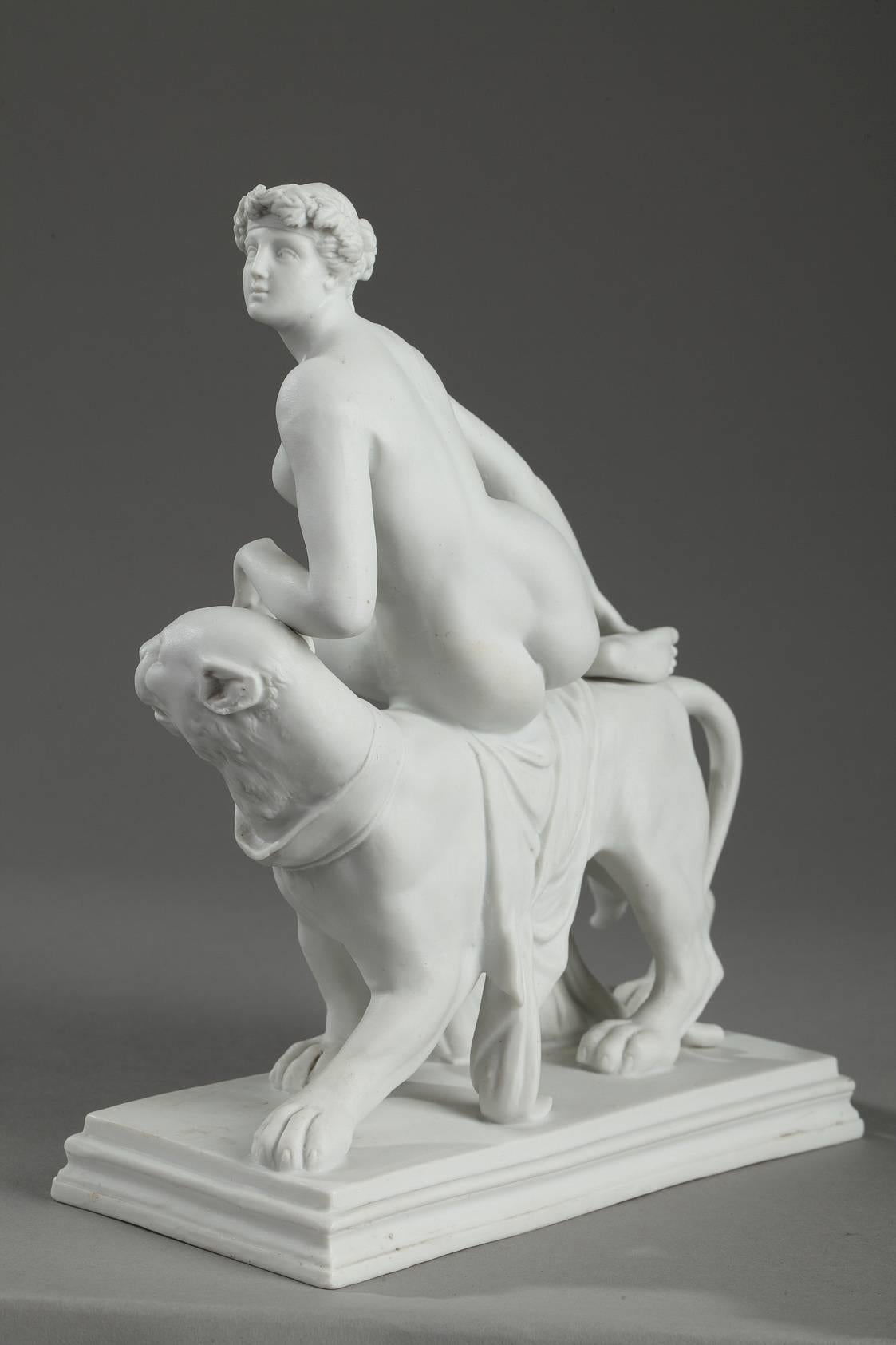 Mid-19th century, French biscuit porcelain group of Ariane riding a panther, after a model conceived by the Dutch sculptor Johann Heinrich Dannecker (1758-1841). He elaborated the design in 1803 for a sculpture commissioned by Moritz von Bethmann, a