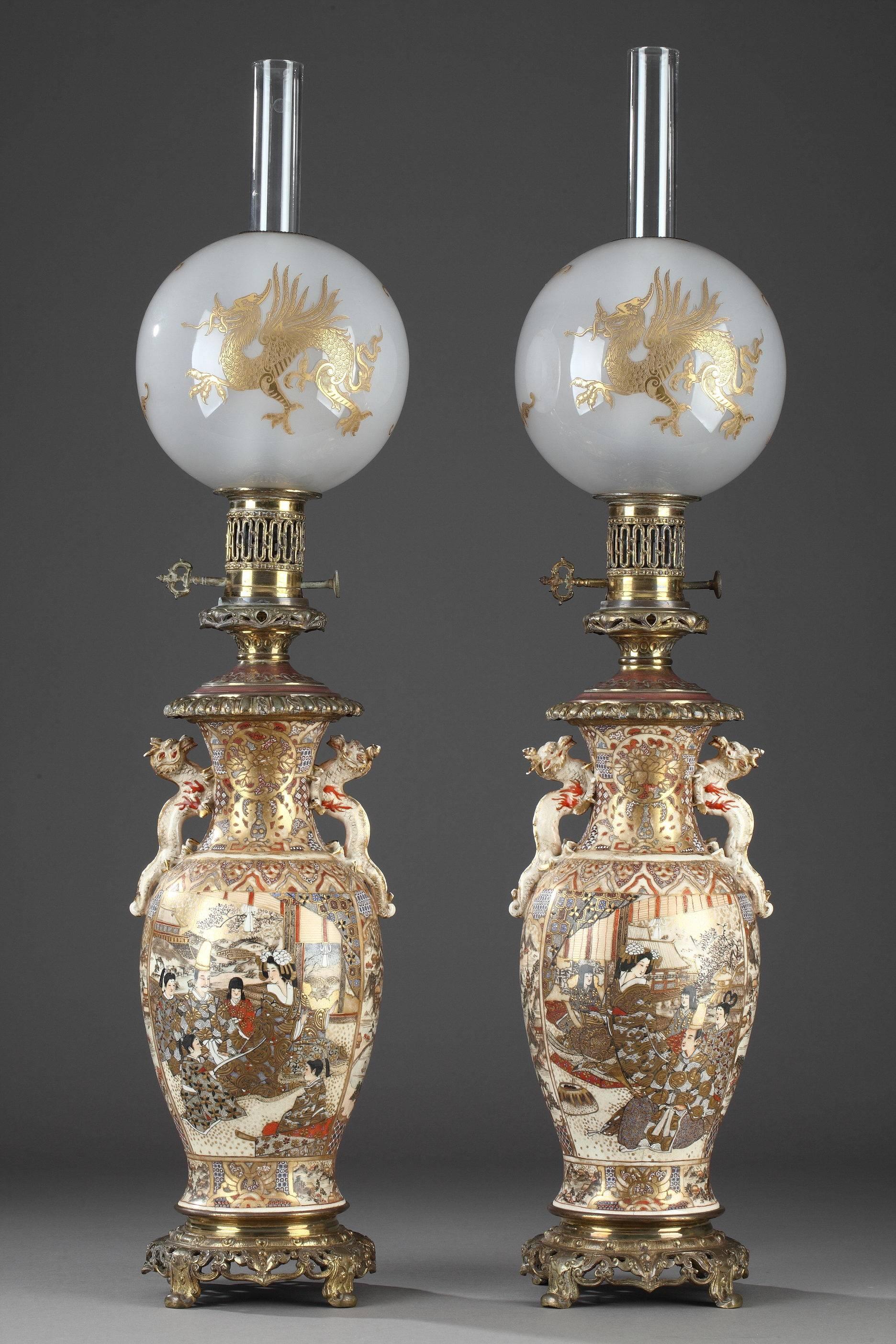 Gilt Pair of Satsuma Kerosene Lamps, Meiji Period, '1868-1912'