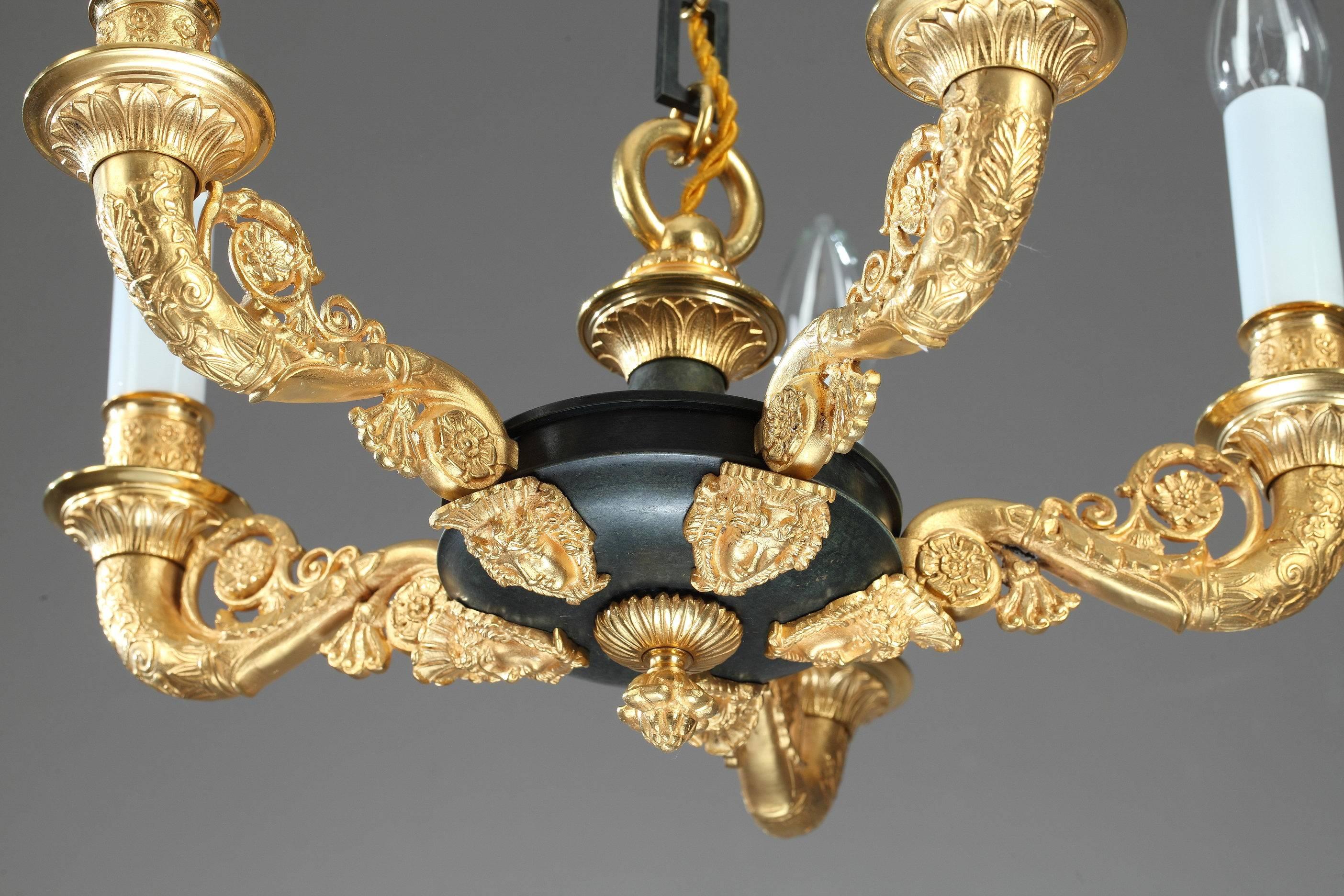 French Early 19th Century Restauration Period Gilt and Patinated Bronze Chandelier