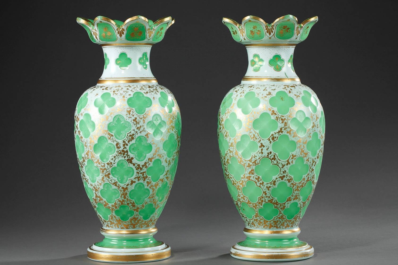 French Pair of Napoleon III Vases in Opaline Overlay