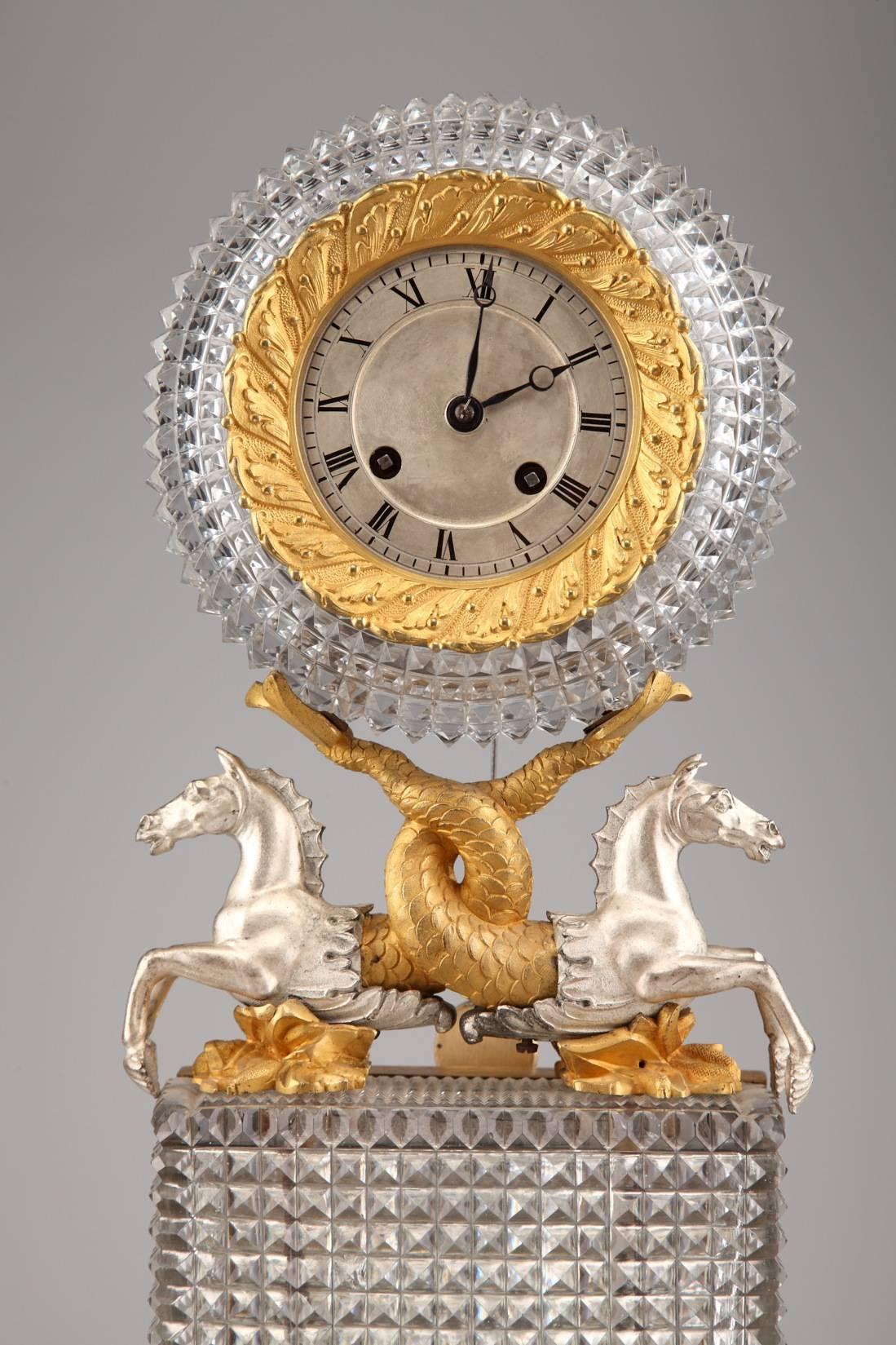 Charles X Early 19th Century Cut Crystal and Bronze Clock with Horses