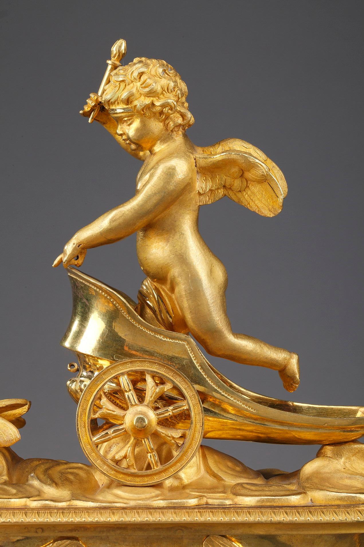 Bronze Early 19th Century Empire Mantel Clock with Cupid in a Chariot For Sale