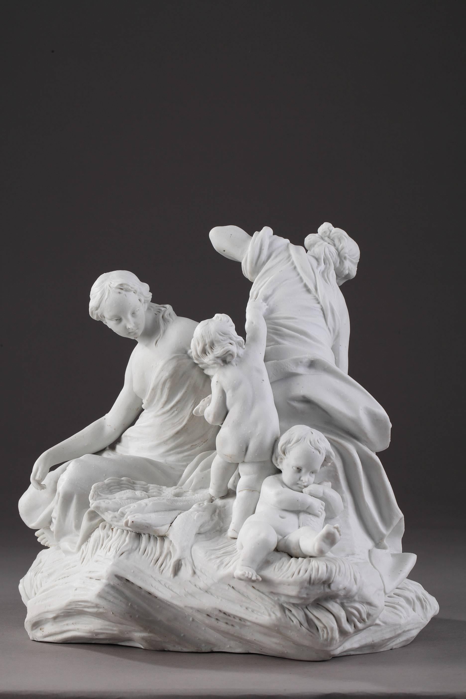 Rare?porcelain?biscuit group after a model produced at Sevres in 1758 by Etienne-Maurice Falconet (1716-1791). It features two young women and two putti fishing. Sevres apocryphal mark under the base, with two interlaced 