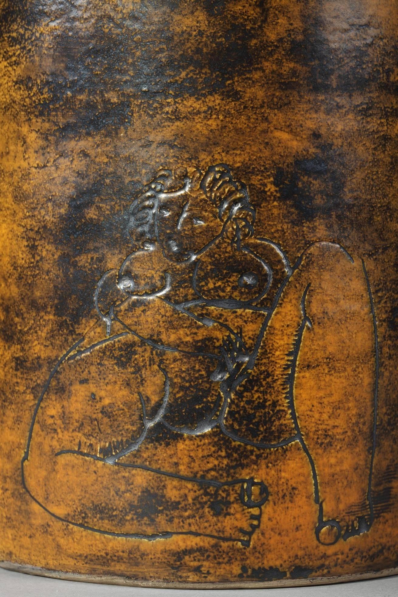 Jacques Blin Ochre Glazed Ceramic Vase with Erotic Decoration 2
