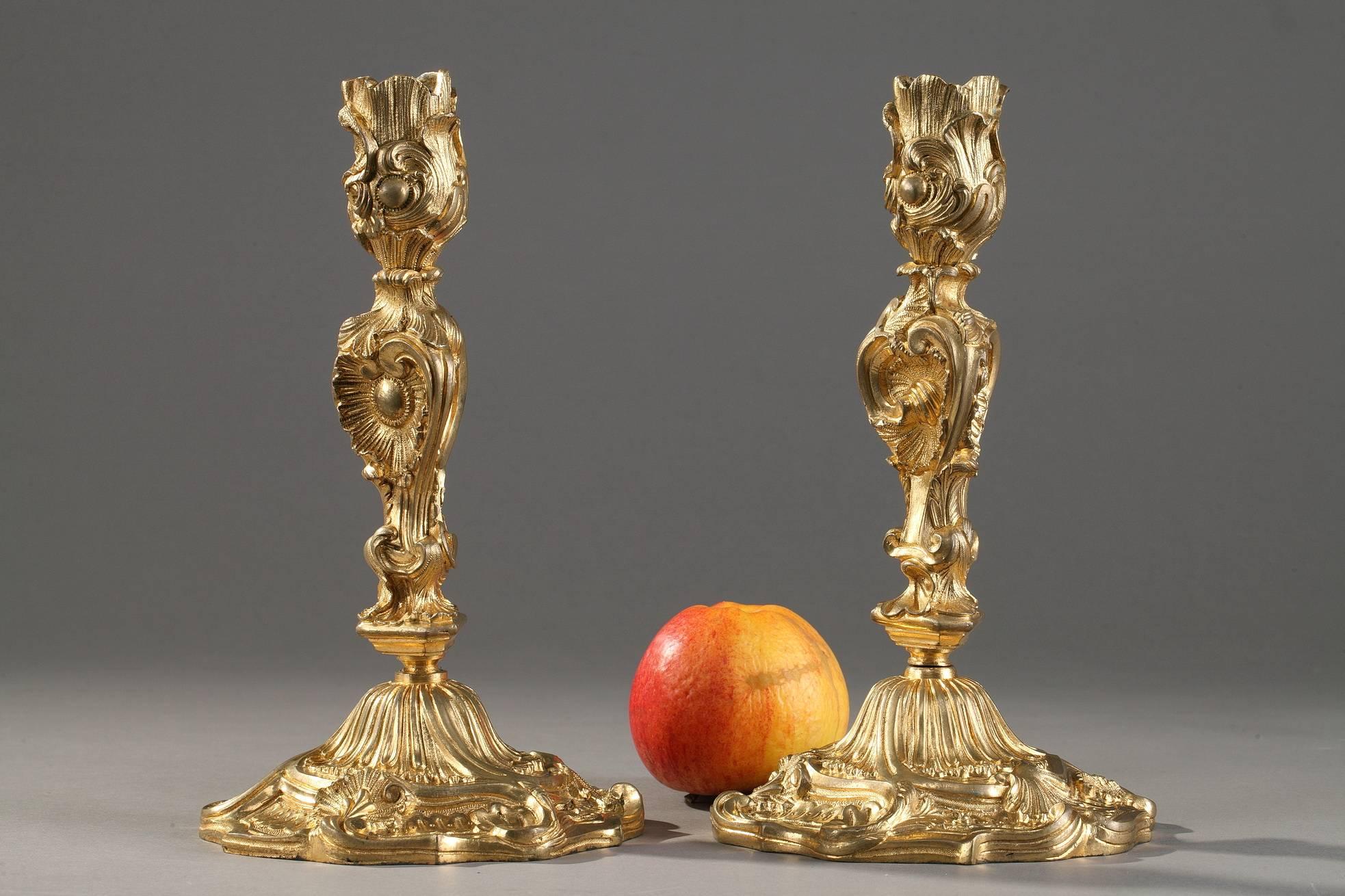 Napoleon III Pair of Gilt Bronze Candlesticks in Louis XV Style 3