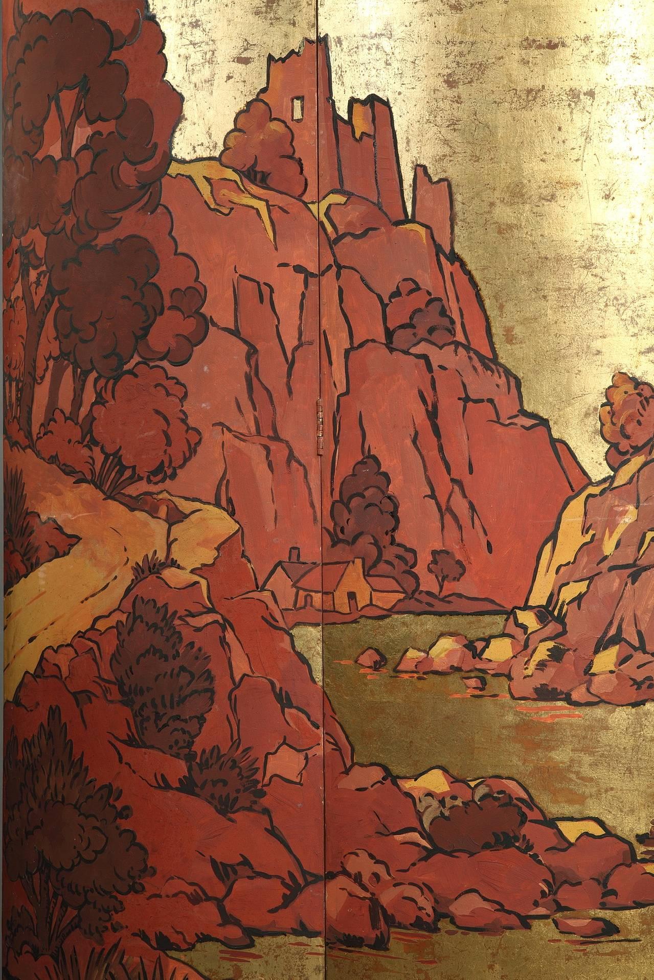 French Art Deco Screen with Washerwomen in a Landscape