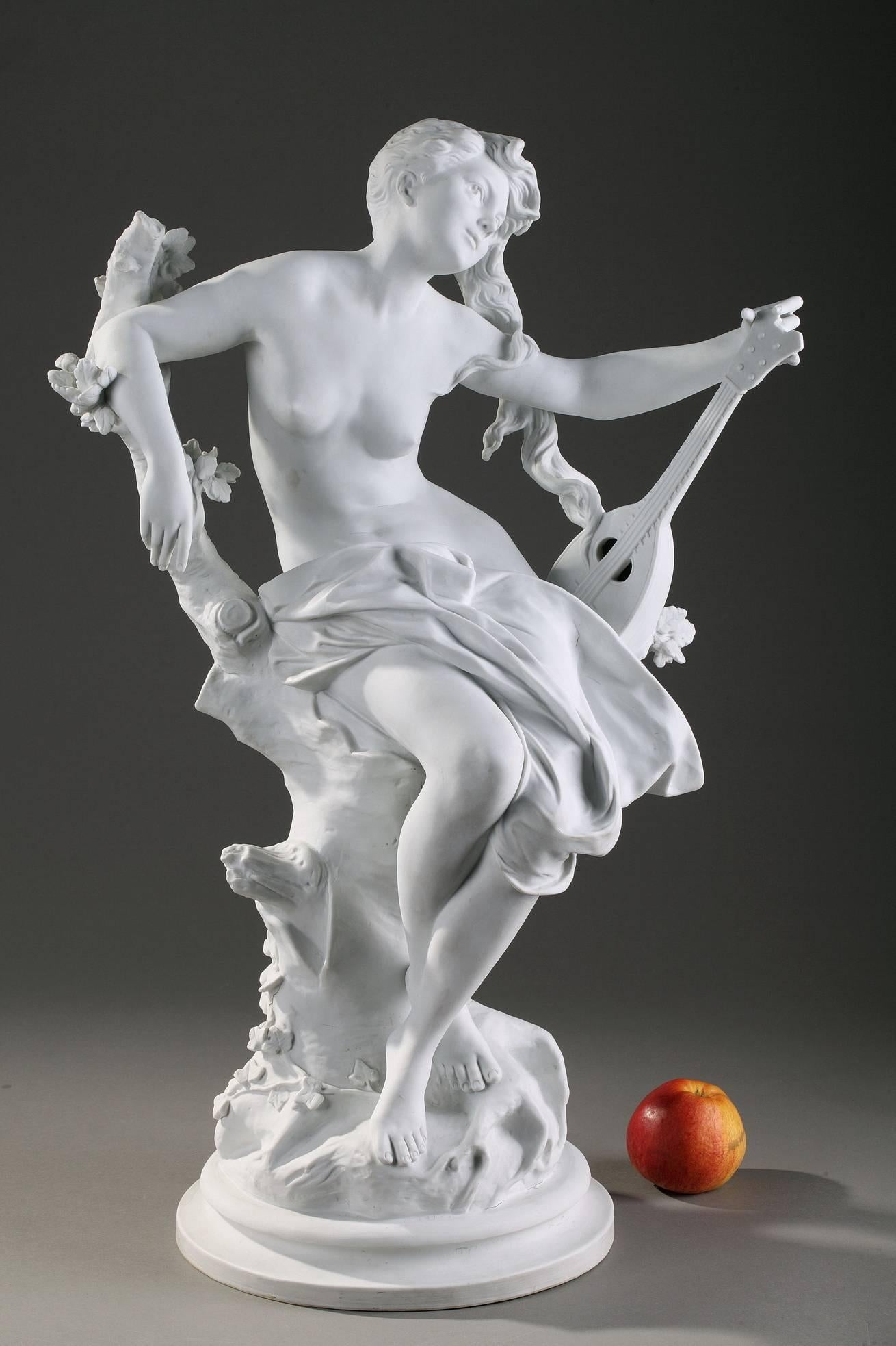 Art Nouveau Biscuit Statue Muse with Mandolin by Luca Madrassi (1848-1919)