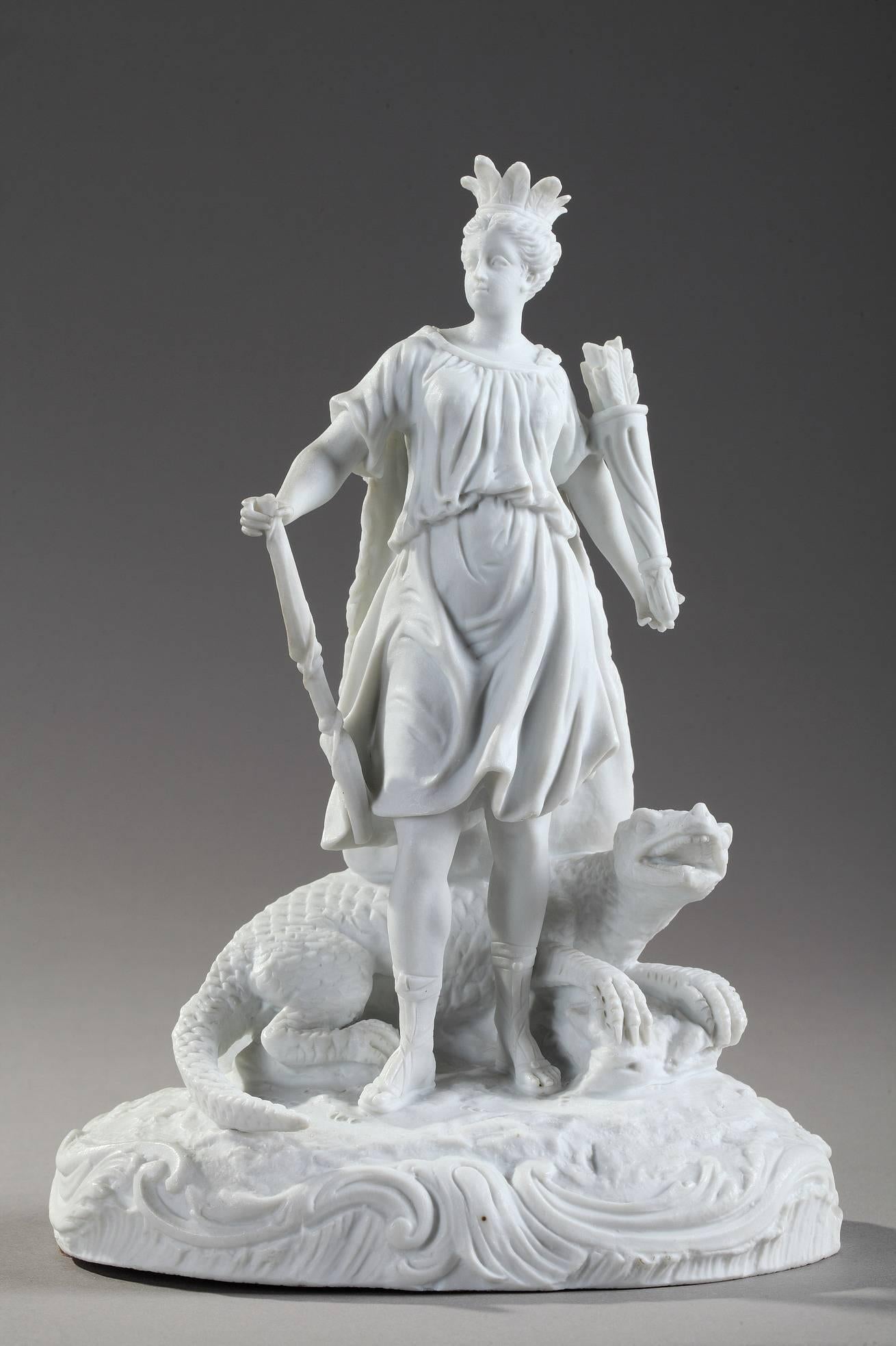 Mid-19th century biscuit statues depicting the four Continents. Each figure is posed with a representative animal : a lion (Africa), a camel (Asia), an alligator (the Americas), and a horse (Europe). These allegorical figures represent the