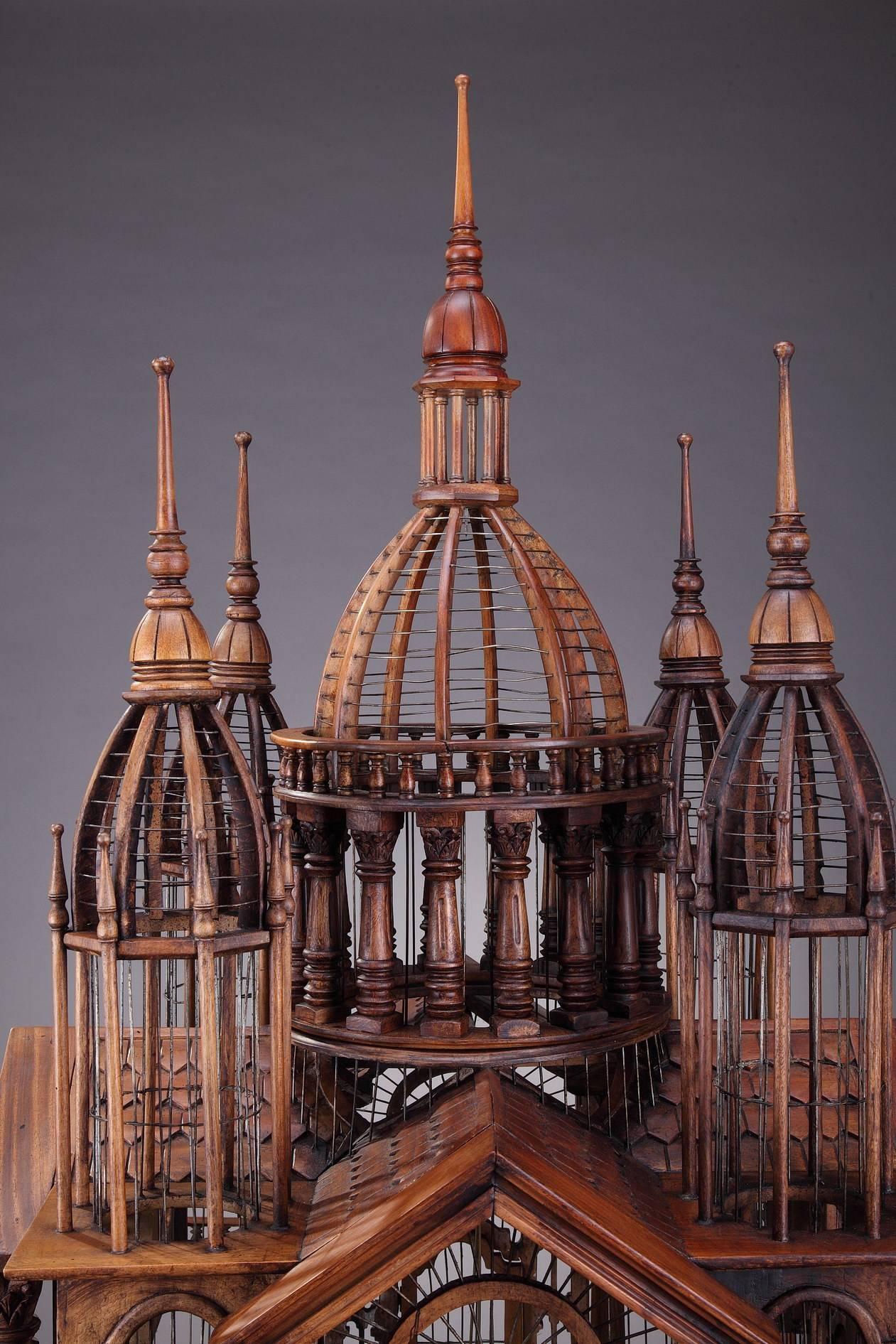 French Early 20th Century Architectural Mahogany Cathedral Birdcage