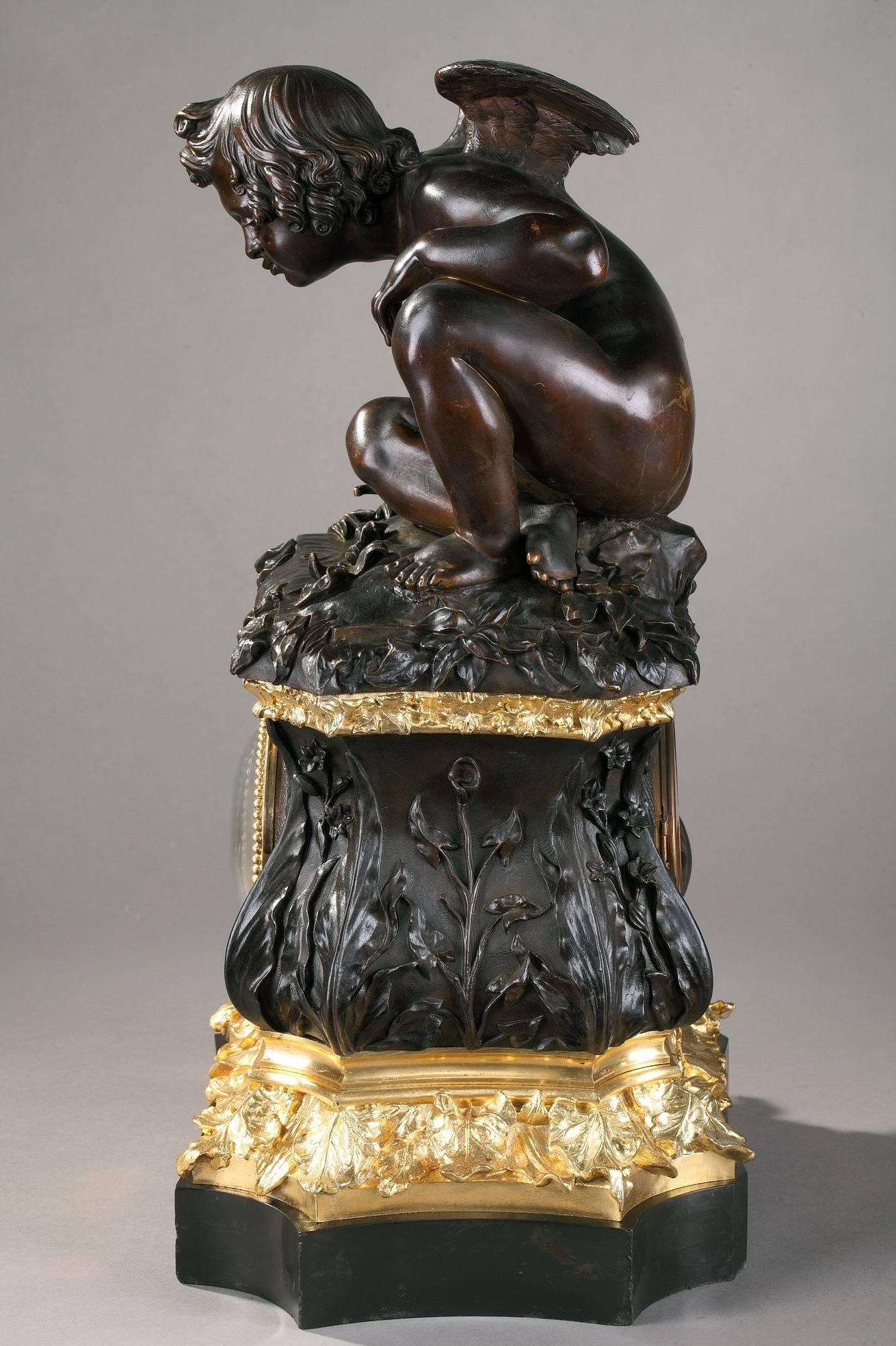 Bronze Mid-19th Century Mantel Clock with Cupid by Quesnel & Cie Paris