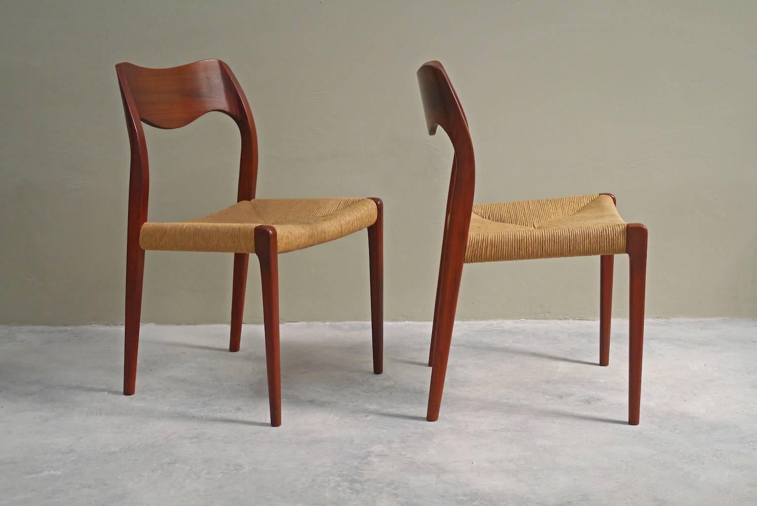 Scandinavian Modern Niels Møller Model 71, Set of Four Teak and Cord Dining Chairs, Denmark, 1950s