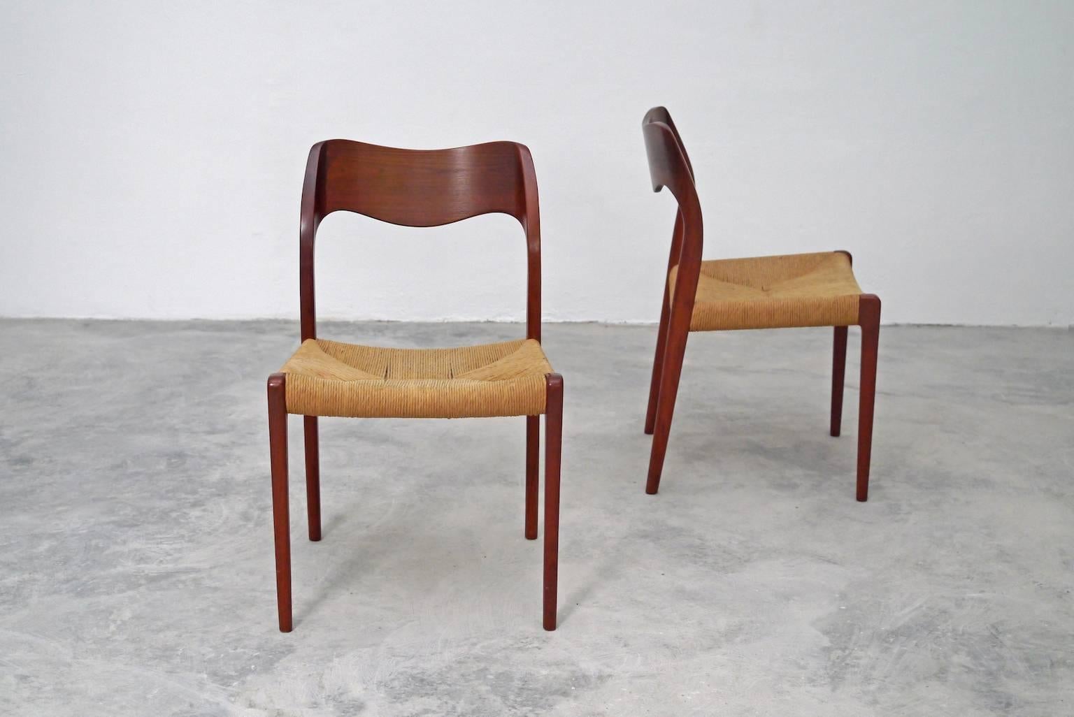 Danish Niels Møller Model 71, Set of Four Teak and Cord Dining Chairs, Denmark, 1950s