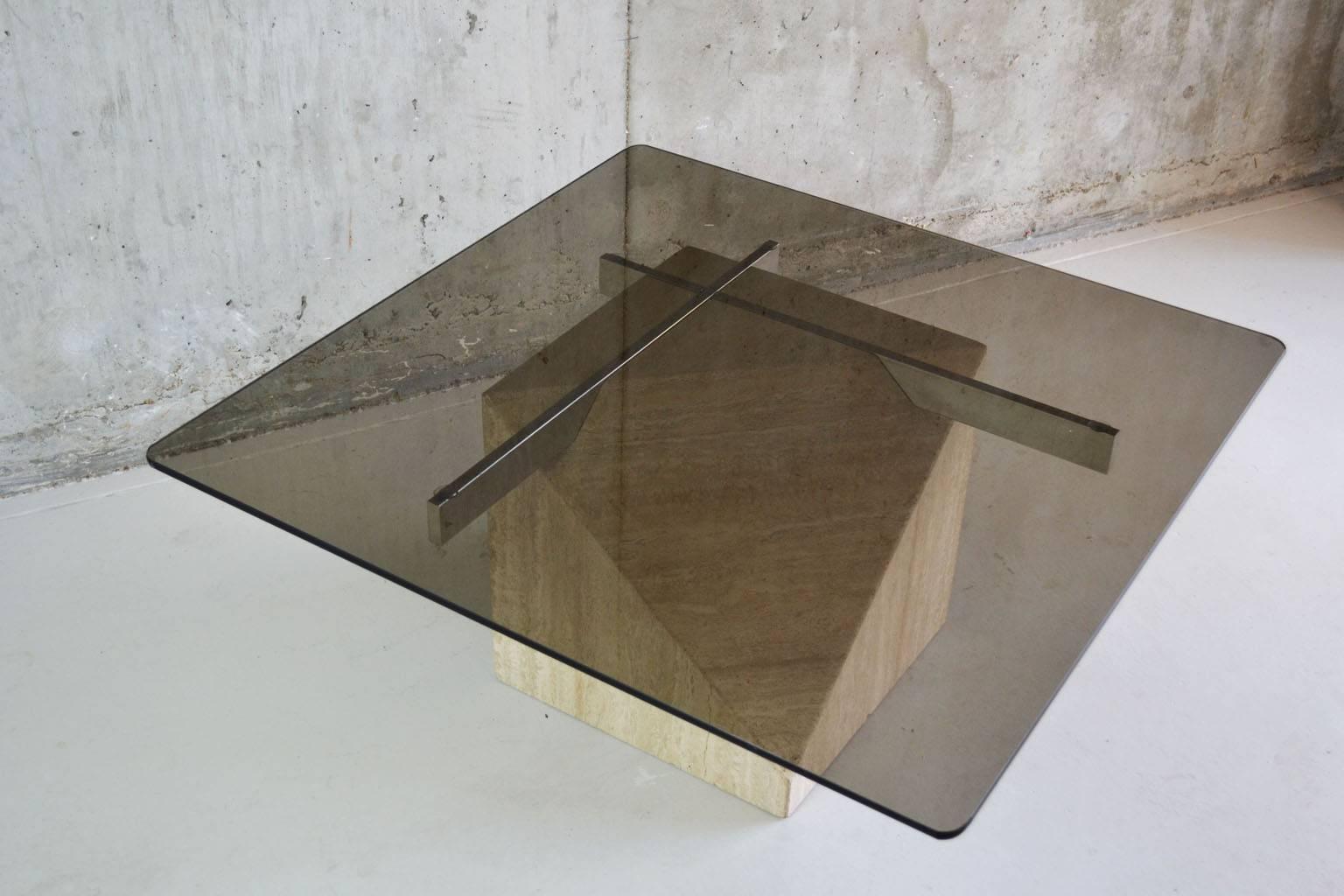 Late 20th Century Artedi 1970s Travertine Marble Base and Smoked Glass-Top Coffee Table, Italy For Sale