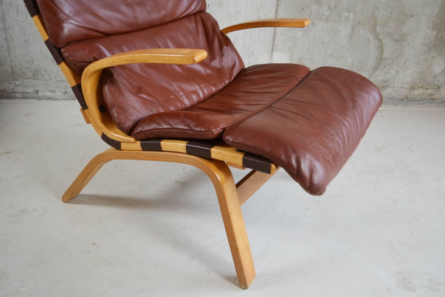 Farstrup Danish 1970s Mid-Century High Backed Leather and Beech Lounge Chair 1