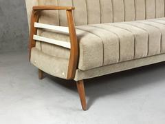 1970s Mid-Century German Sofa Bed in Light Beige Velour with Beech Arms