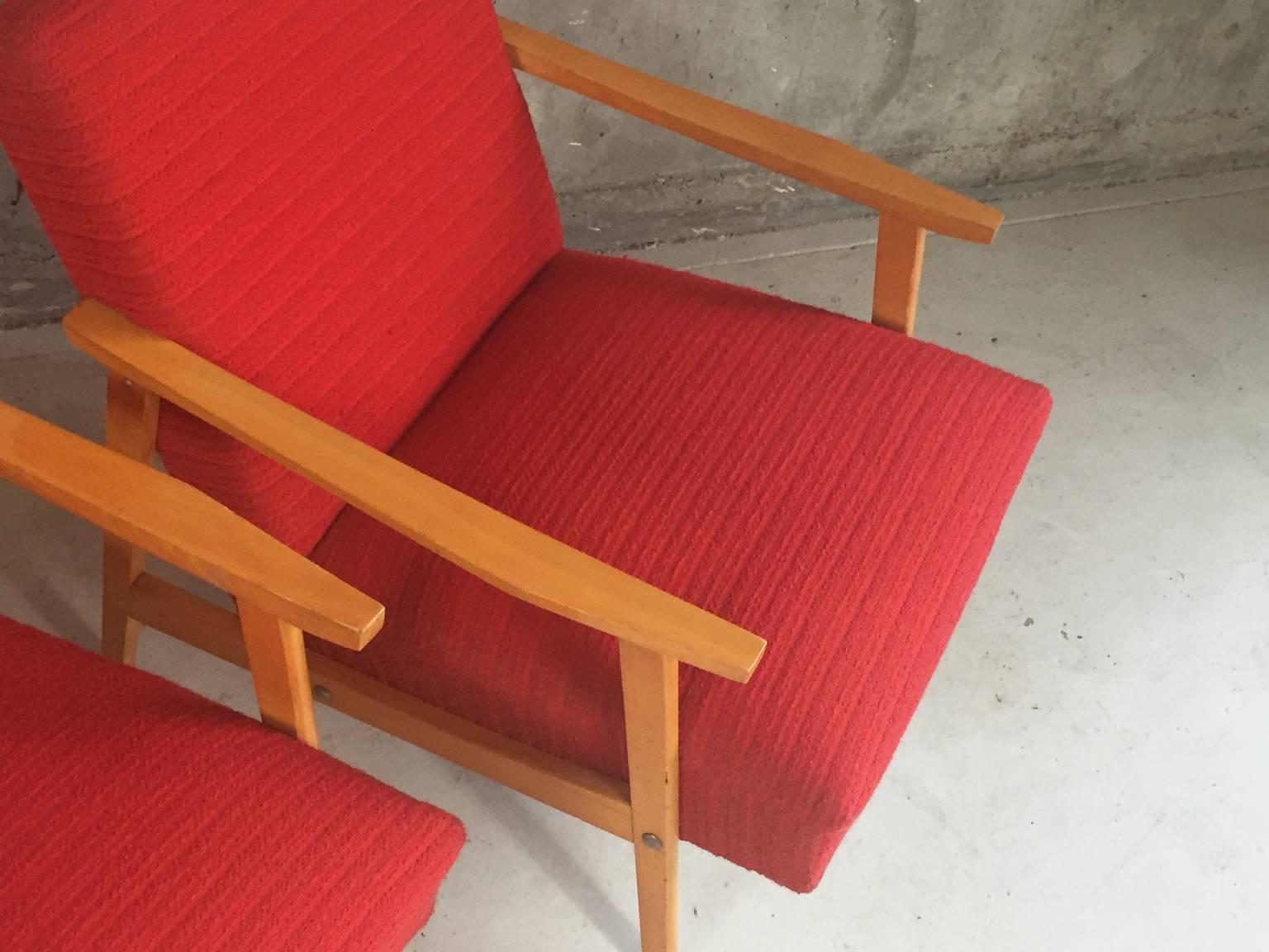 Pair of 1970s Czech Lounge Chairs with Bright Red Original Upholstery and Beech In Excellent Condition In London, GB