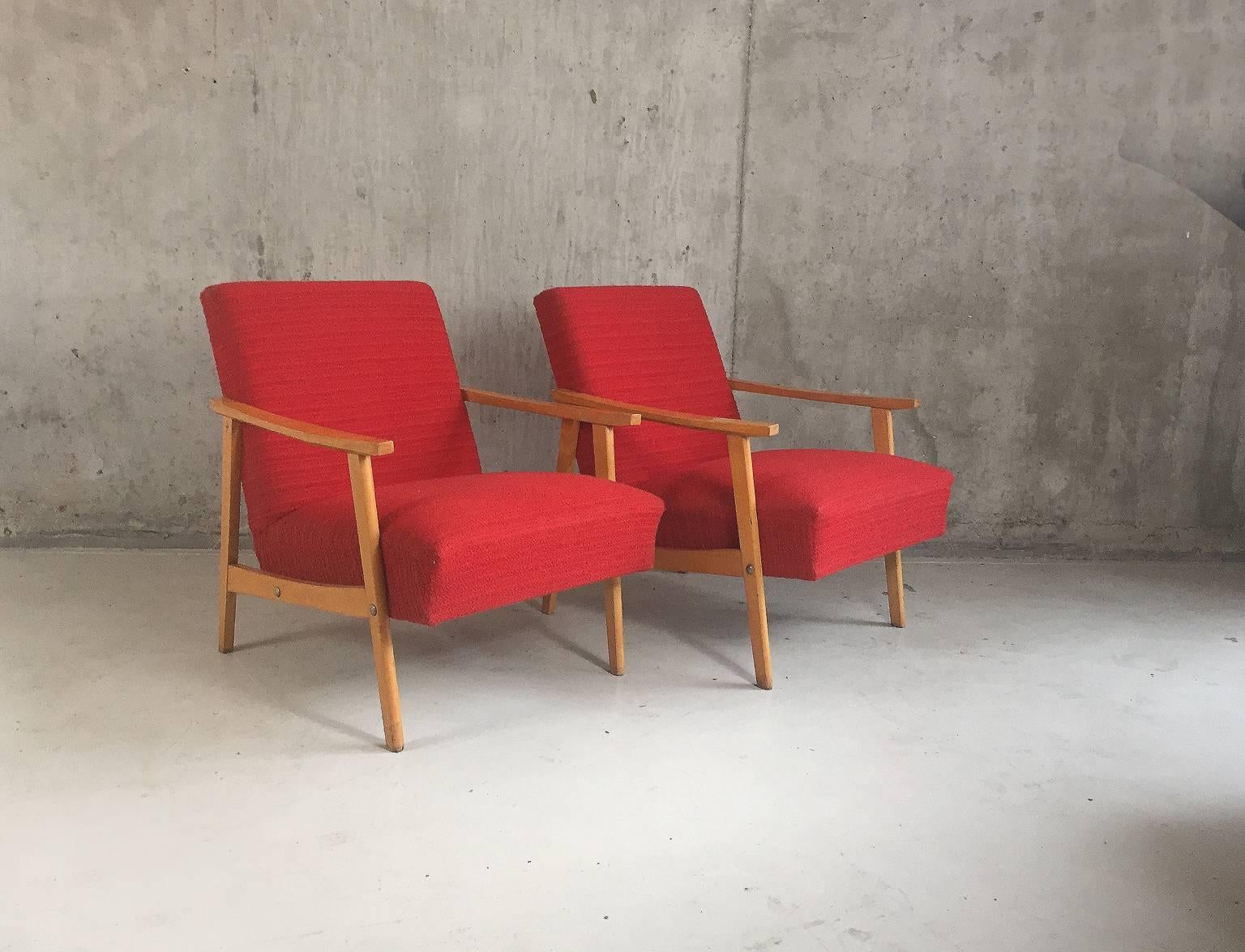 Late 20th Century Pair of 1970s Czech Lounge Chairs with Bright Red Original Upholstery and Beech
