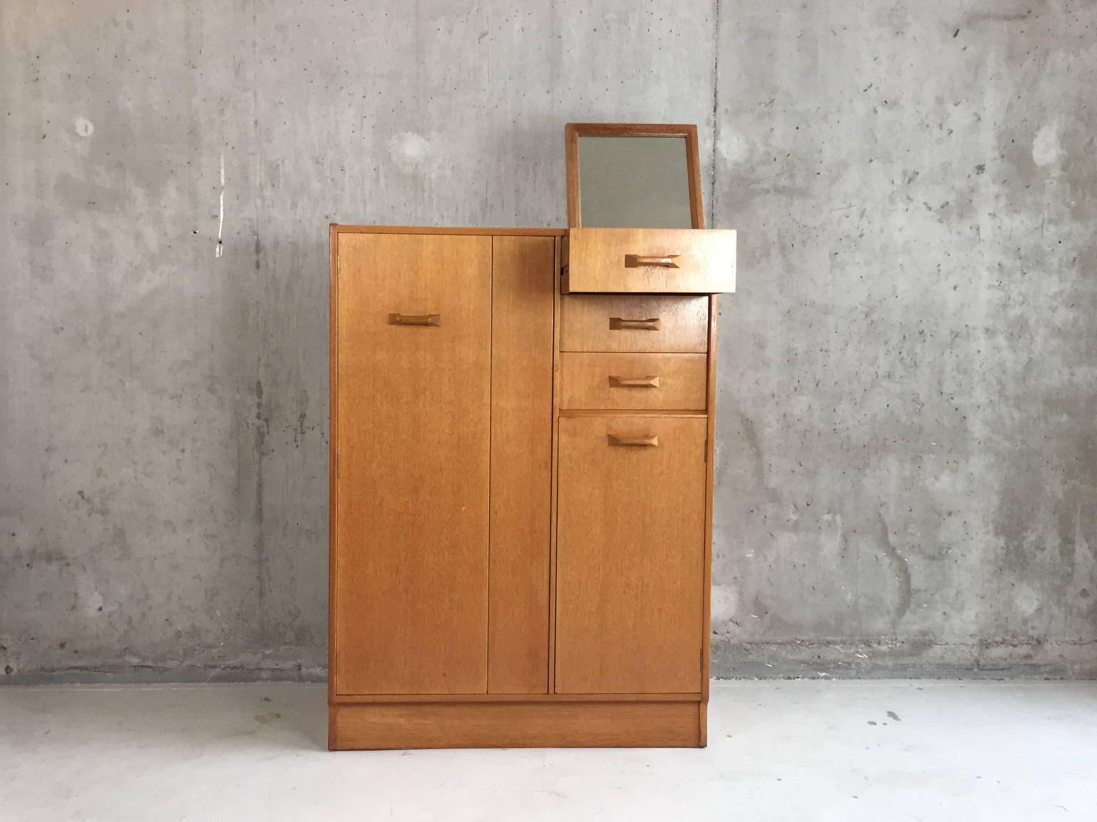 British G-Plan E Gomme Oak Tallboy / Small Wardrobe with Pop Up Mirror For Sale