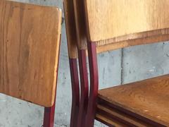 Set of Four 1970s Danish Mid-Century Beech and Red Painted Metal Stacking Chair