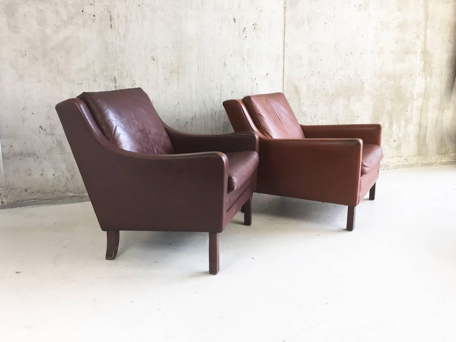 Mid-Century Modern Pair of 1970s Danish Mid-Century Børge Mogensen Style Leather Club Armchairs