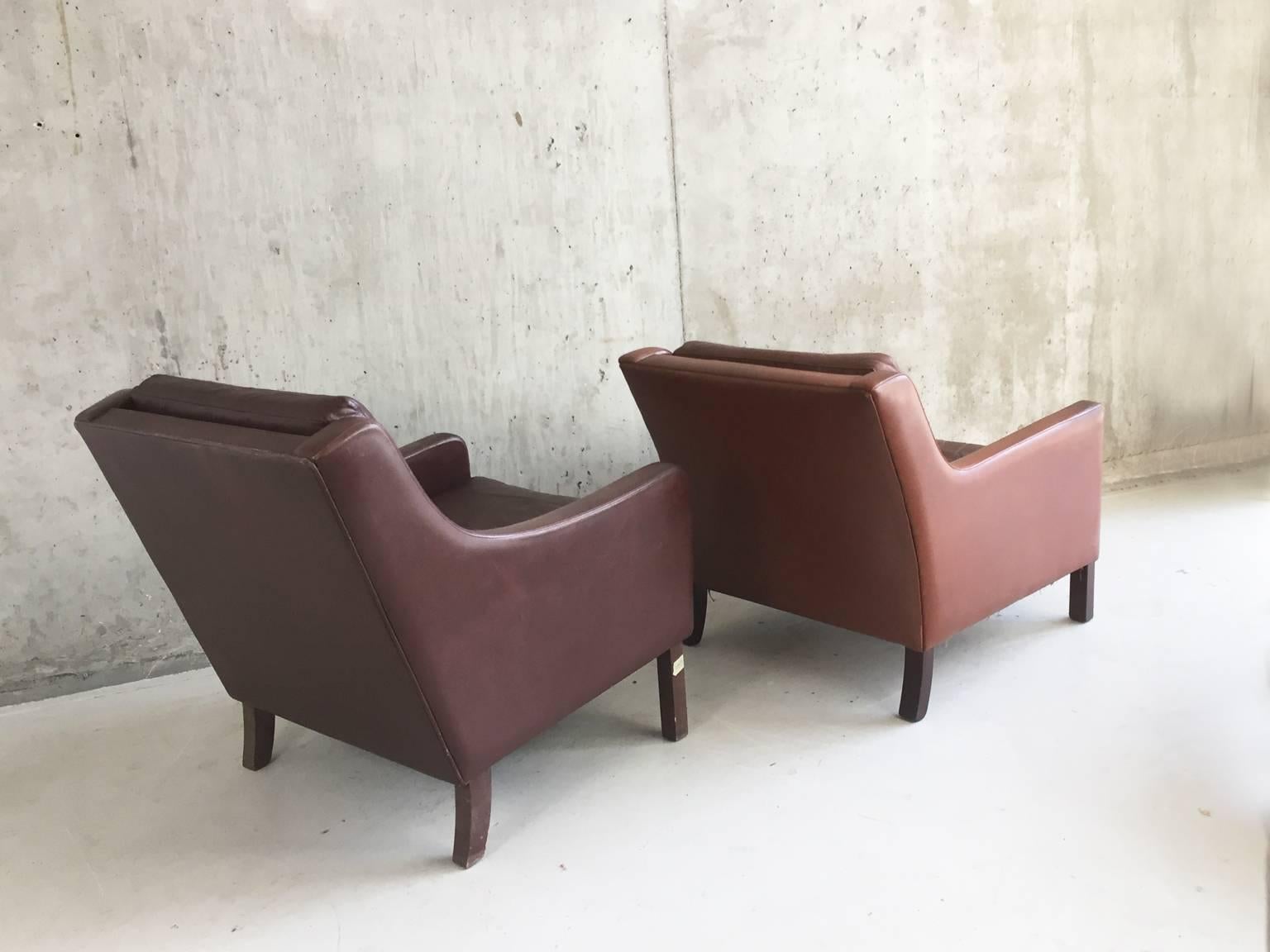 Pair of 1970s Danish Mid-Century Børge Mogensen Style Leather Club Armchairs In Good Condition In London, GB