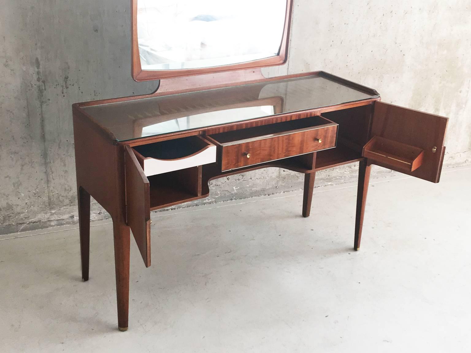 Mid-Century Modern 1960s Heals of Lonon Glass Topped Rosewood Dressing Table with Brass Detail