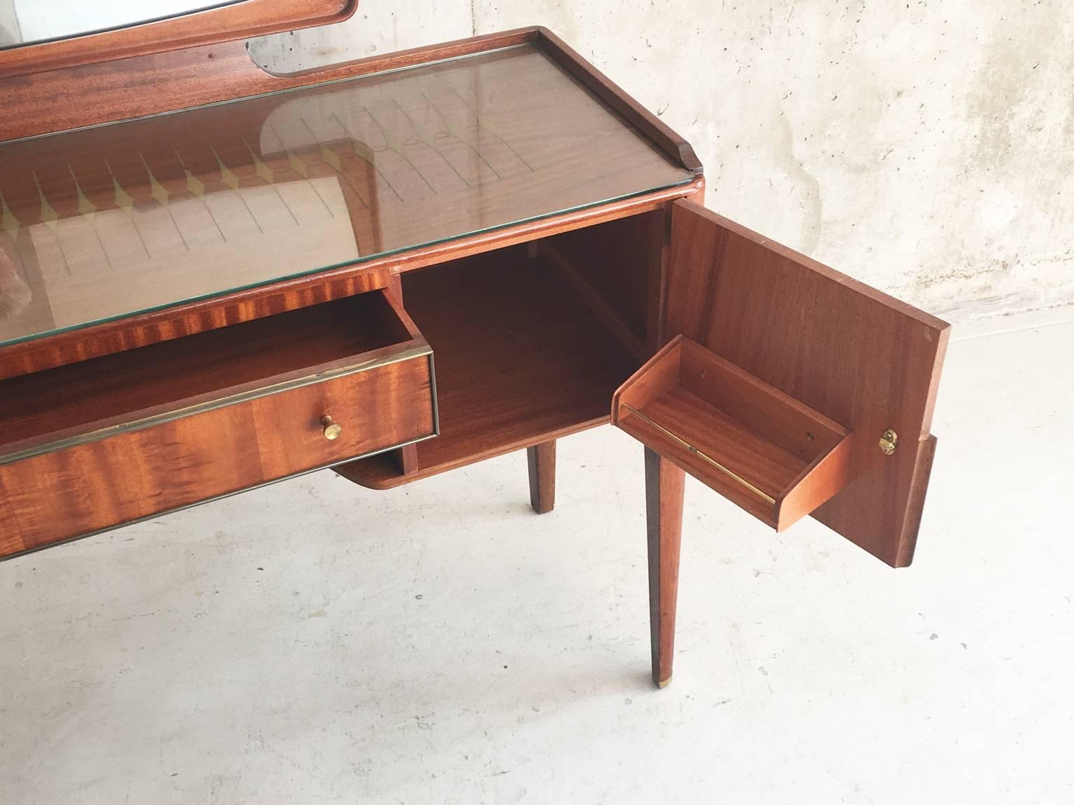 British 1960s Heals of Lonon Glass Topped Rosewood Dressing Table with Brass Detail