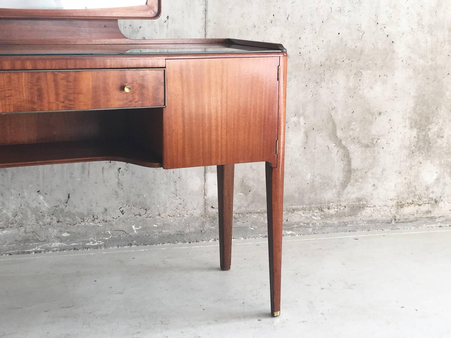 Plated 1960s Heals of Lonon Glass Topped Rosewood Dressing Table with Brass Detail