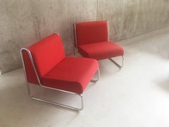 Pair of 1960s Italian Bright Red Upholstered Lounge Chairs with Tubular Chrome